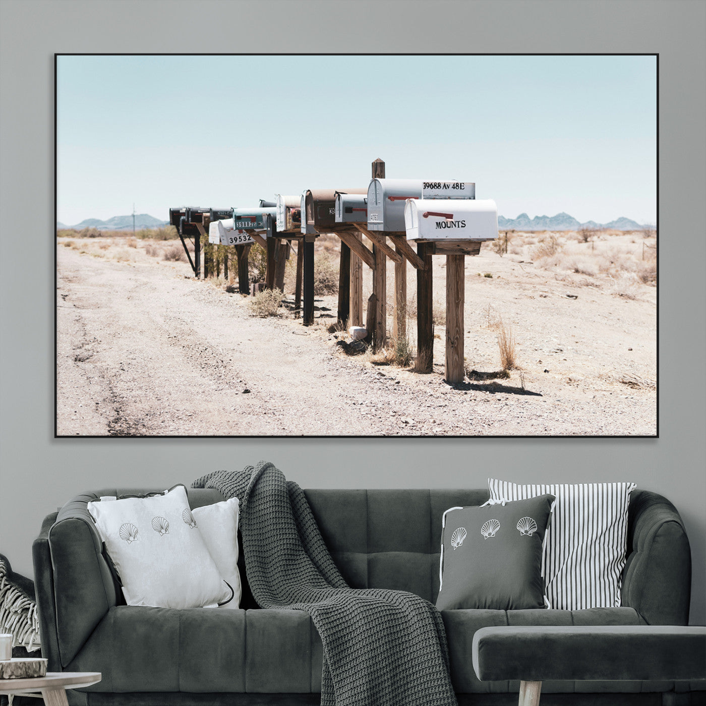 SEG-FC-51X34_Oversize - Desert Mailboxes Canvas Print – Minimal Western Landscape Photography, Rustic Americana Wall Art for