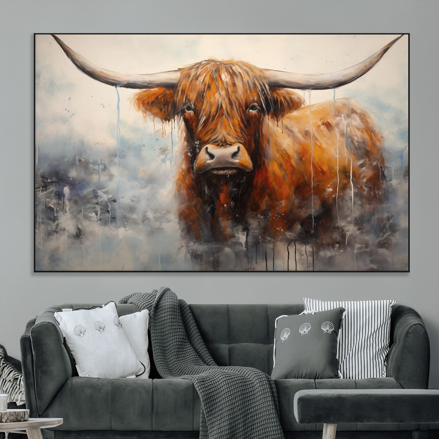 SEG-FC-51X34_Oversize - Scottish Highland Wall Art Canvas Print, Framed Longhorn Art Picture Print, Western Cow Perfect Farmhouse Decor Artwork