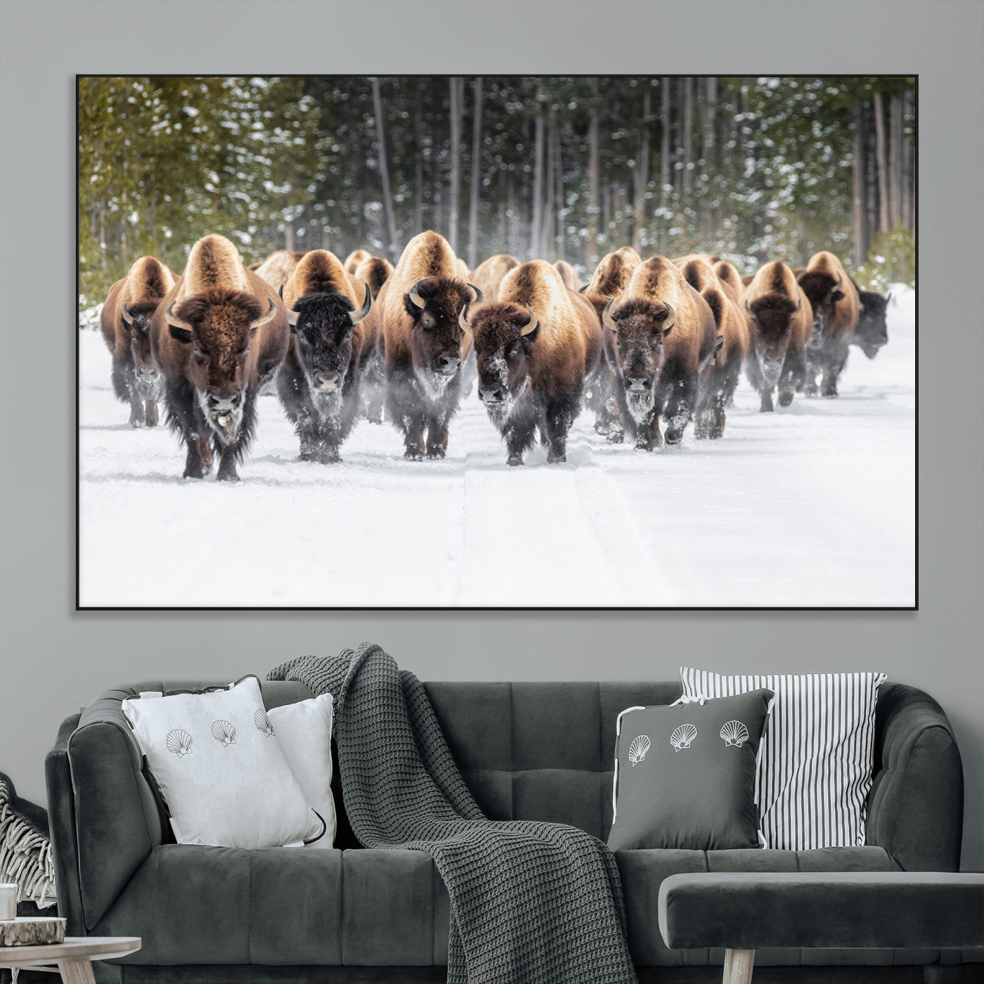 SEG-FC-51X34_Oversize - American Bison Herd in Snow Wall Art Canvas Print – Powerful Winter Wildlife Scene with Buffalo in