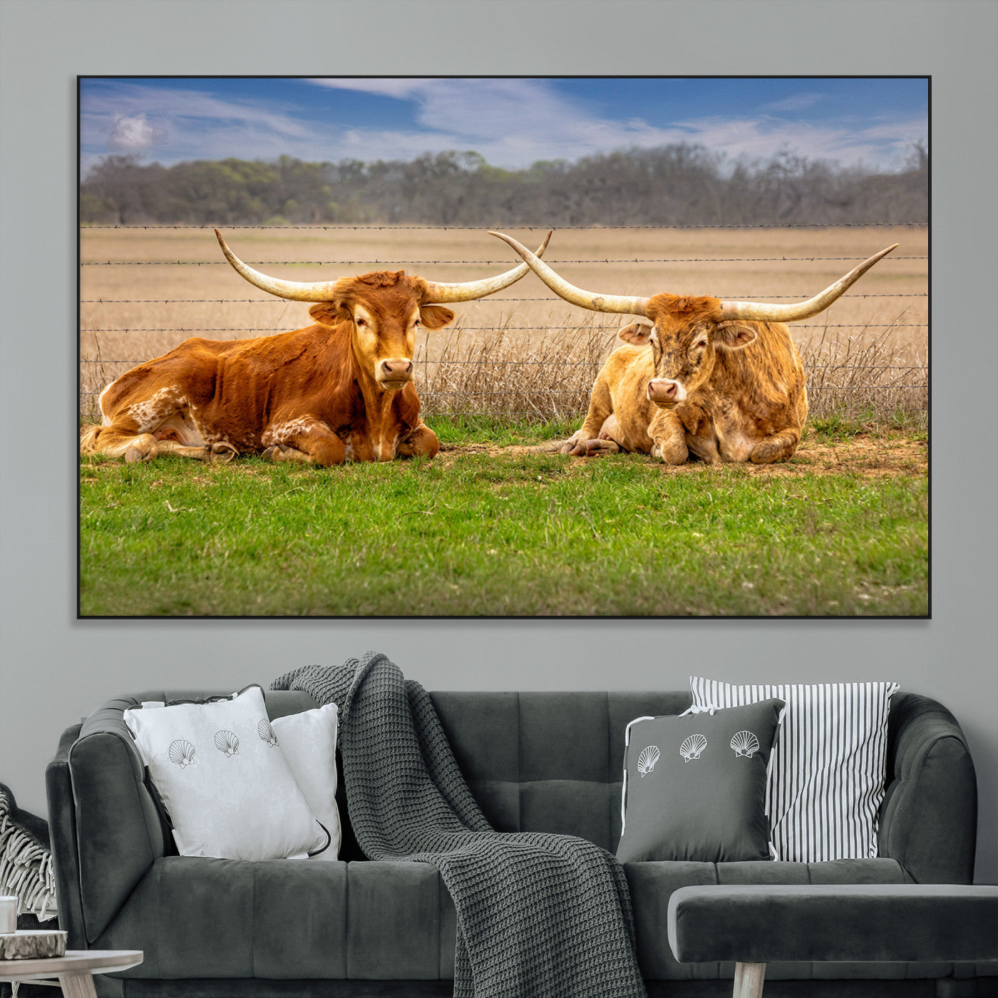 SEG-FC-51X34_Oversize - Texas Longhorn Pair Wall Art Canvas Print – Peaceful Rustic Ranch Scene with Two Cattle in Field,