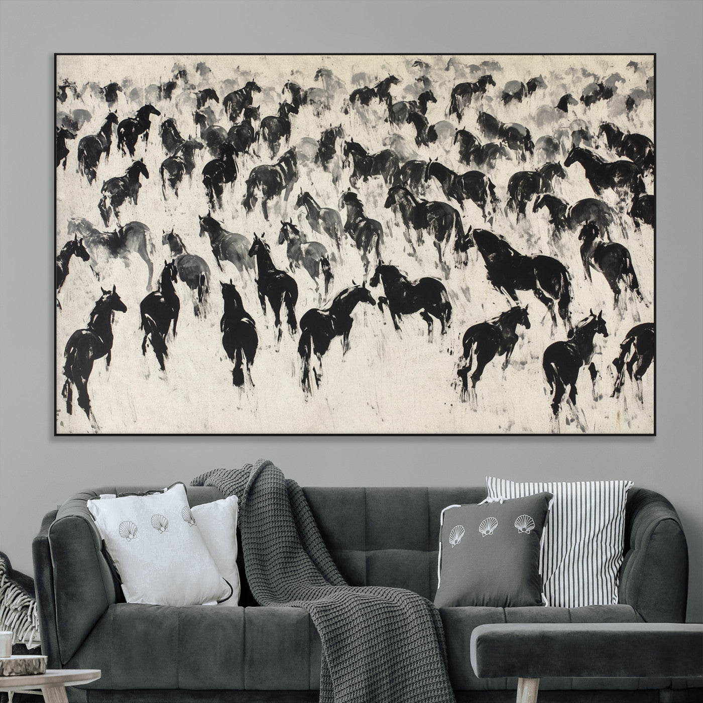 SEG-FC-51X34_Oversize - Wild Horse Stampede Wall Art Canvas Print – Monochrome Ink Brush Painting of Running Horses, Perfect