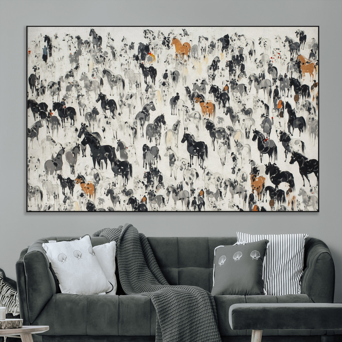 SEG-FC-51X34_Oversize - Wild Horse Stampede Wall Art Canvas Print – Monochrome Ink Brush Painting of Running Horses, Perfect