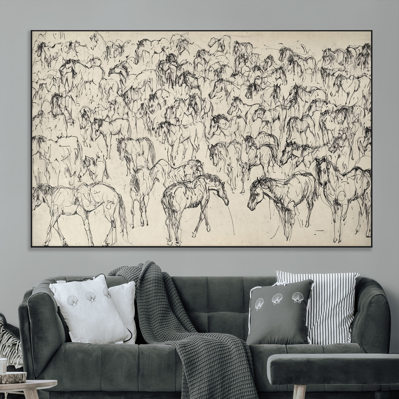 SEG-FC-51X34_Oversize - Wild Horse Stampede Wall Art Canvas Print – Monochrome Ink Brush Painting of Running Horses, Perfect