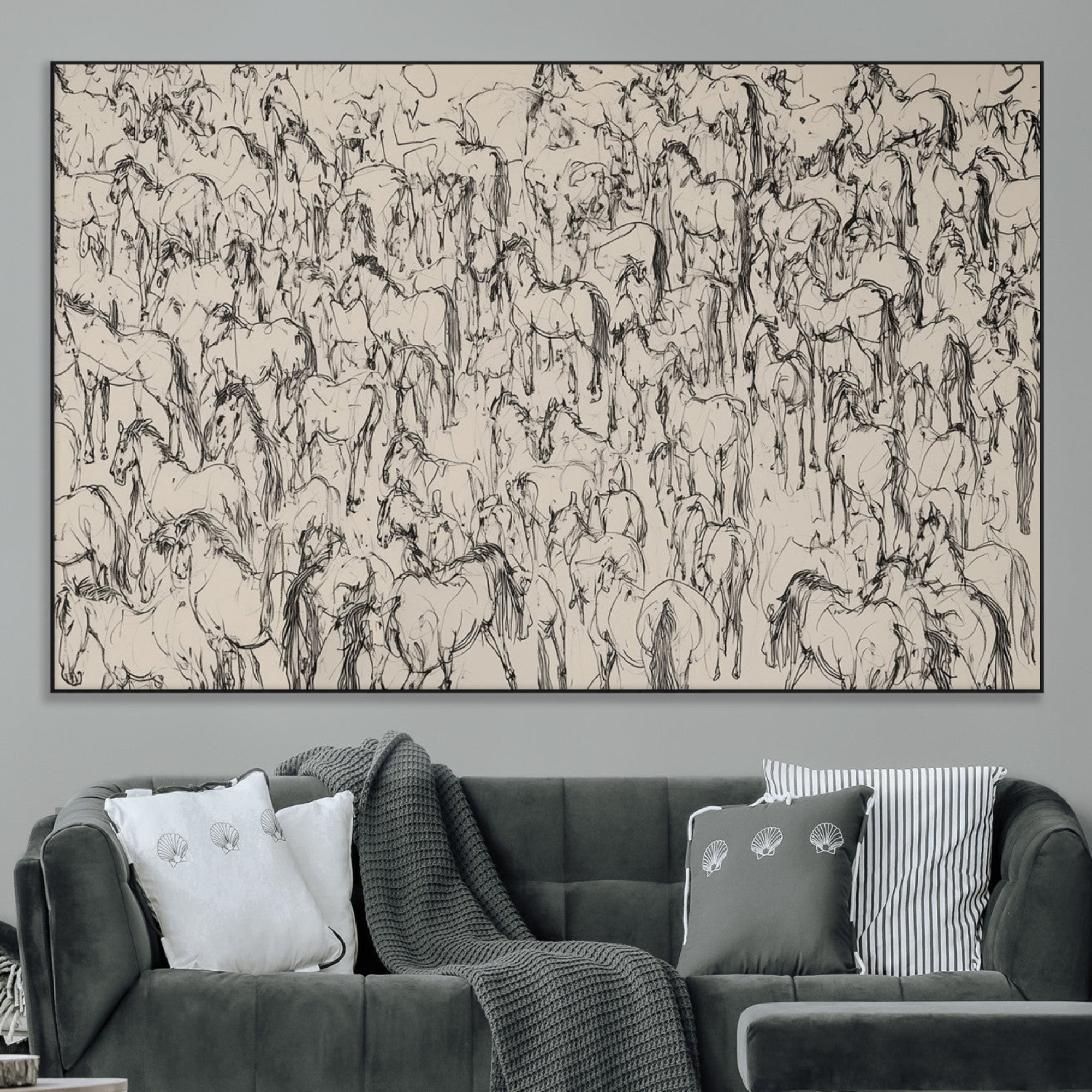 12358908-MGV-CV-36X24-Wild Horse Stampede Wall Art Canvas Print – Monochrome Running Horses Dynamic Motion Elegant Artwork for Home, Office