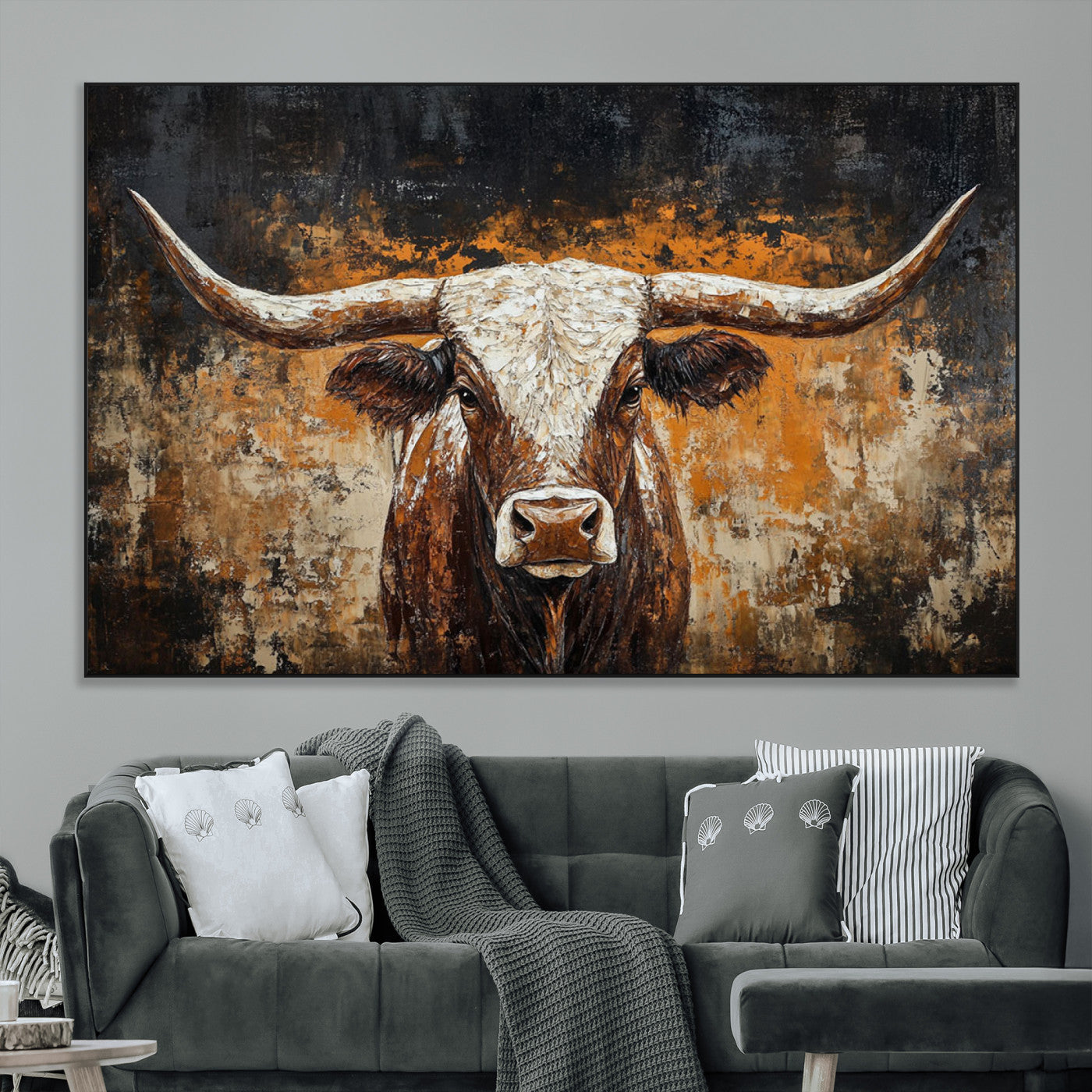 SEG-FC-51X34_Oversize - Rustic Longhorn Bull Wall Art Canvas Print – Vintage Western Cattle Painting, Texas Steer Artwork