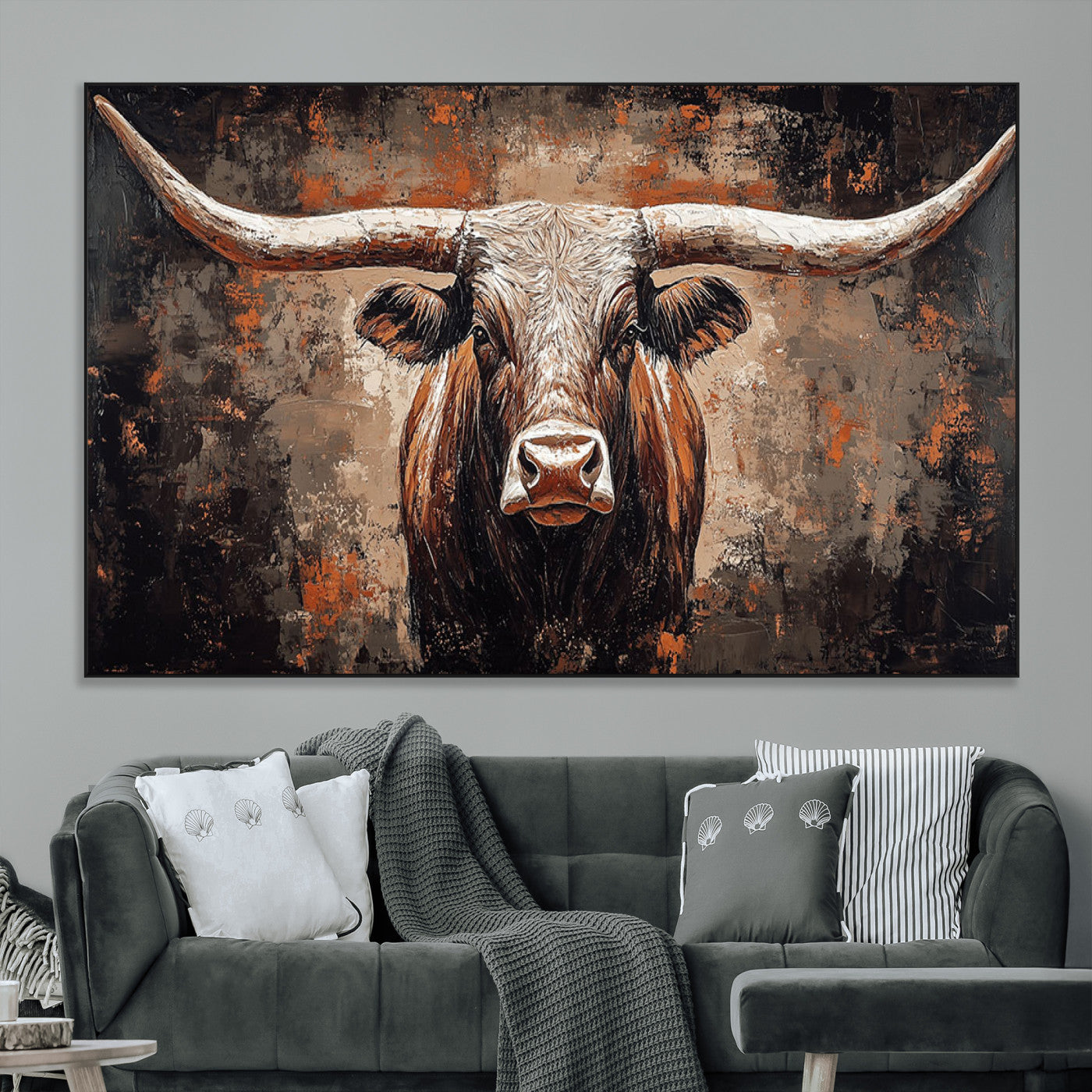 SEG-FC-51X34_Oversize - Rustic Longhorn Bull Wall Art Canvas Print – Vintage Western Cattle Painting, Texas Steer Artwork