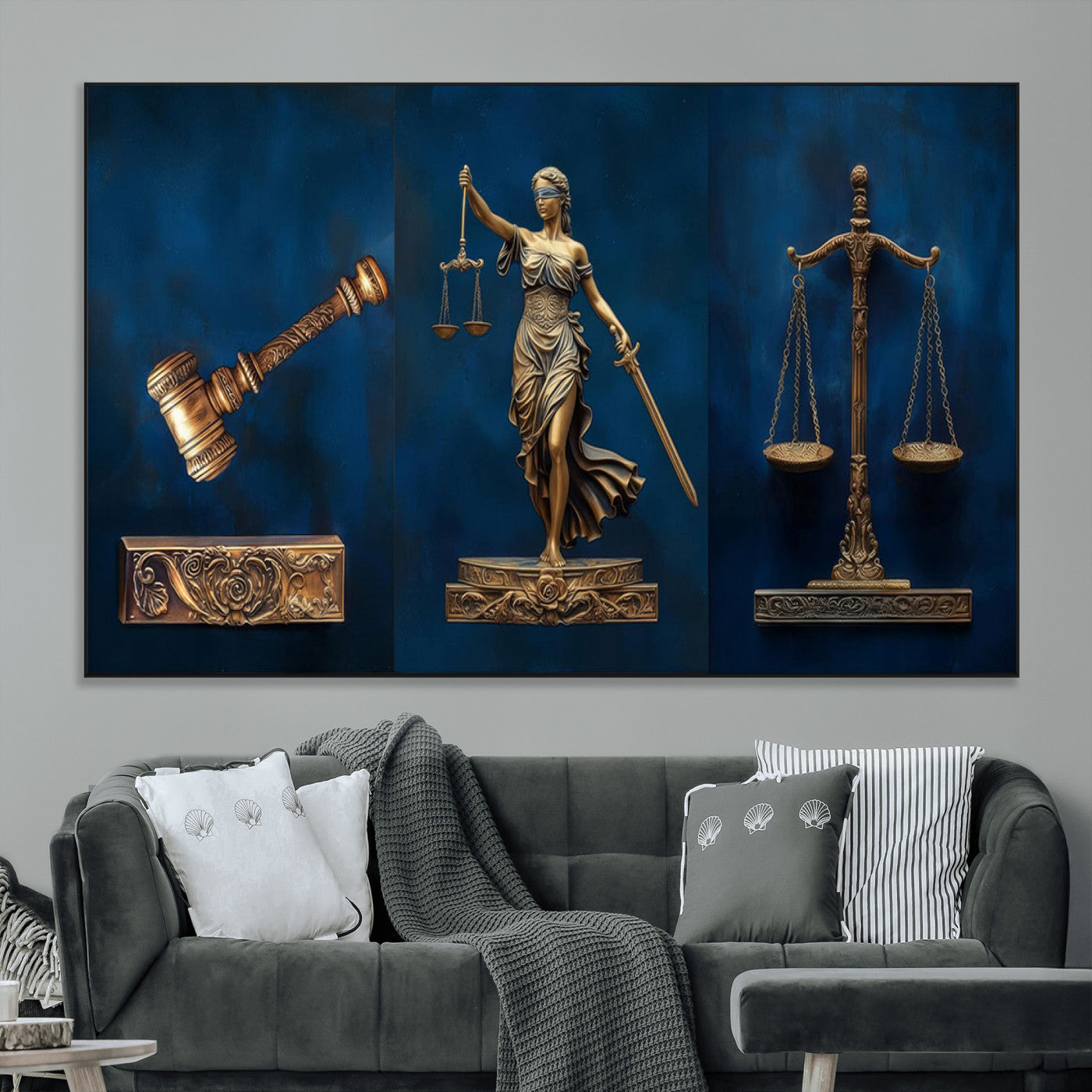 SEG-FC-51X34_Oversize - Lady Justice Wall Art Canvas Print – Elegant Gold Legal Symbols on Blue Background, Perfect for Law