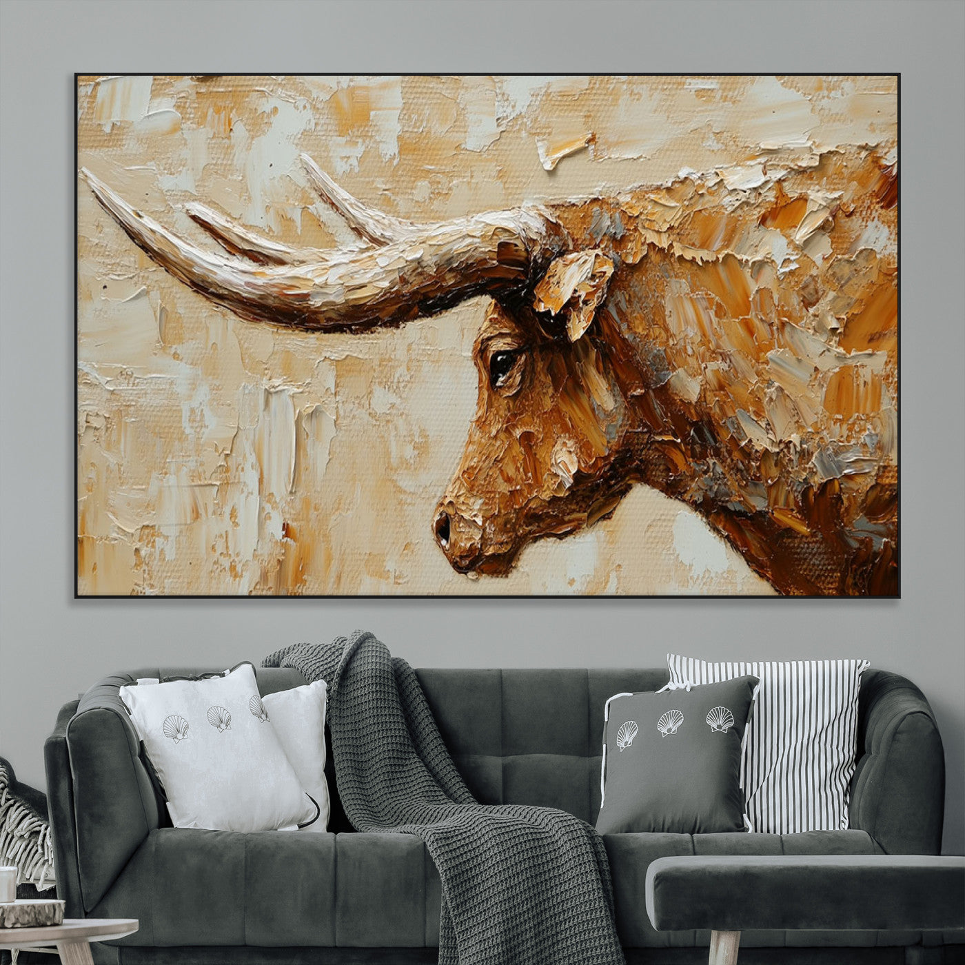 SEG-FC-51X34_Oversize - Rustic Longhorn Bull Wall Art Canvas Print – Vintage Western Cattle Painting, Texas Steer Artwork