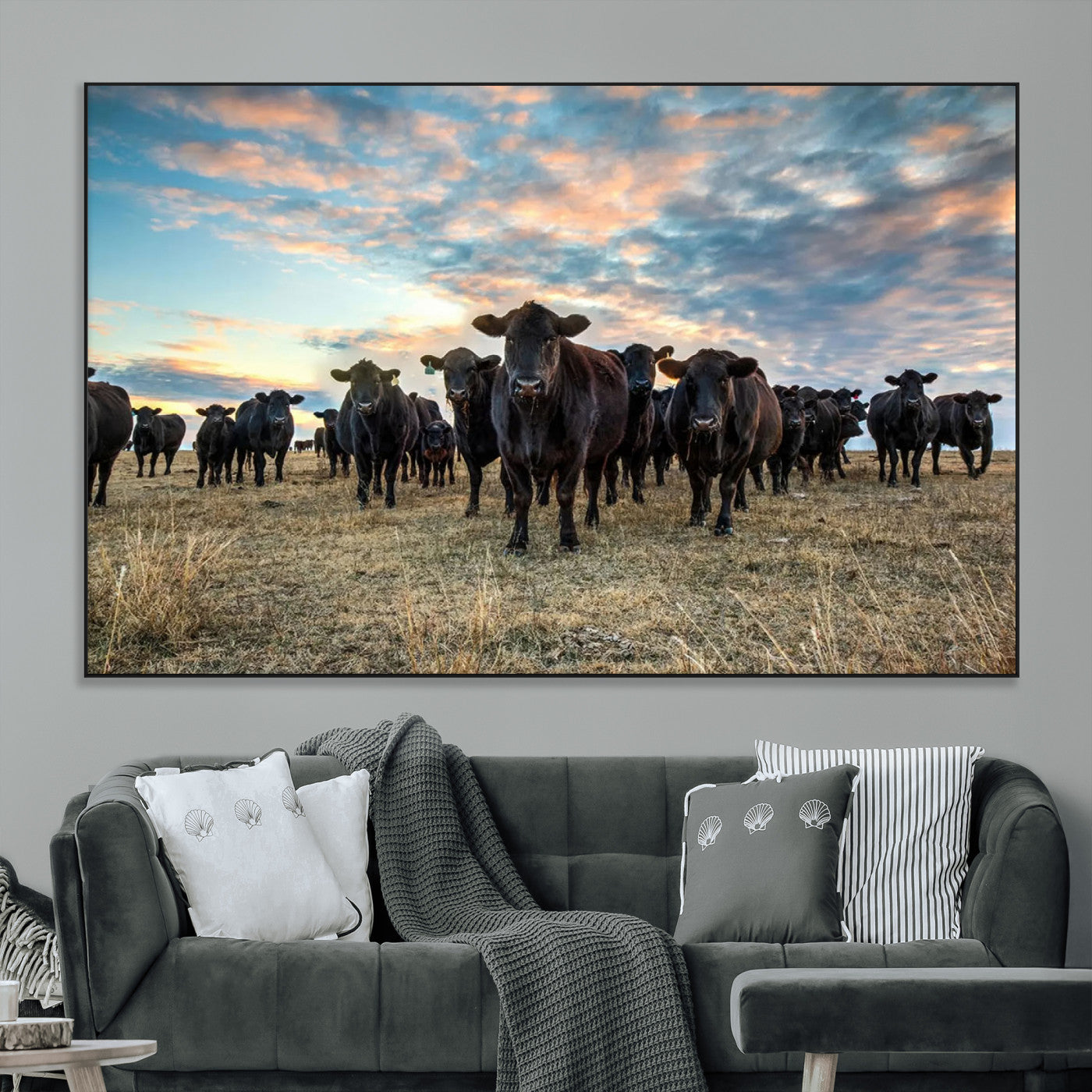 SEG-FC-51X34_Oversize - Texas Longhorn Cattle Wall Art Canvas Print – Rustic Western Ranch Scene with Steers at Sunset,