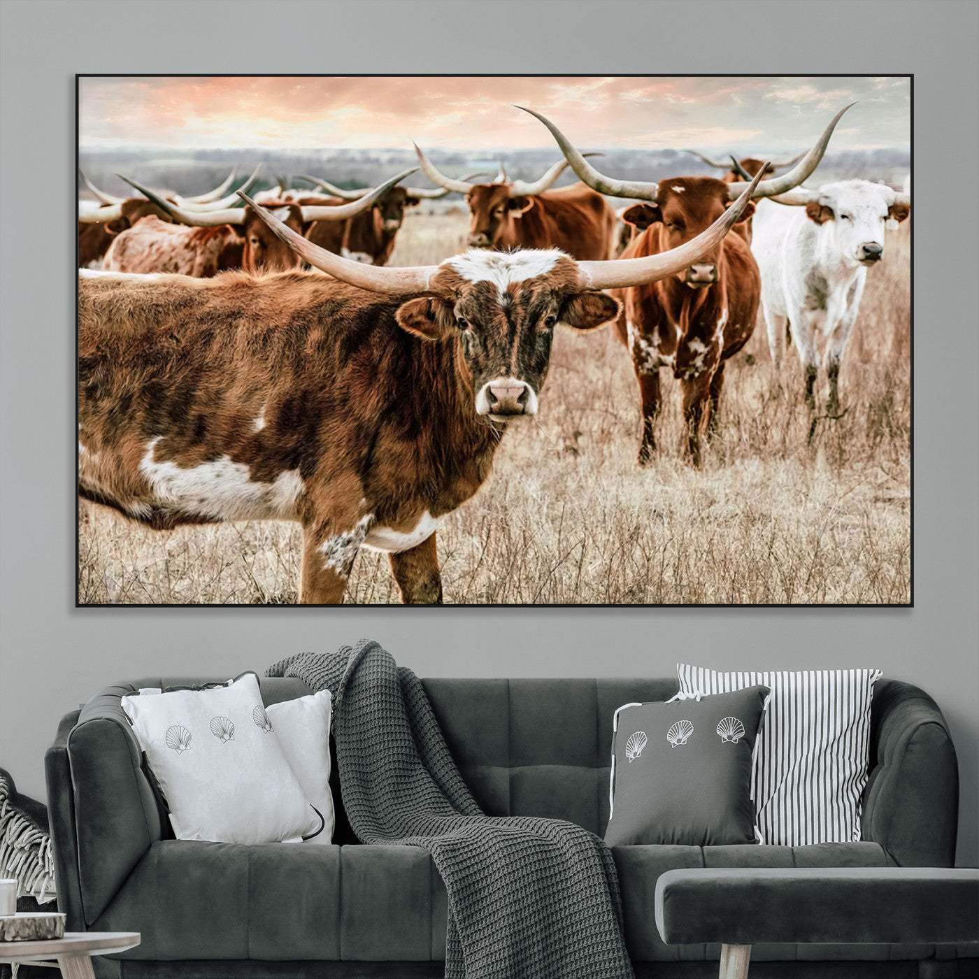 SEG-FC-51X34_Oversize - Texas Longhorn Cattle Wall Art Canvas Print – Rustic Western Ranch Scene with Steers at Sunset,
