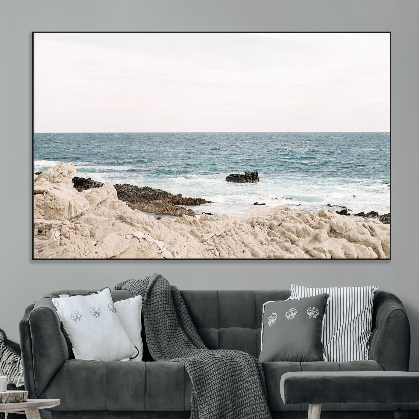 SEG-FC-51X34_Oversize - Coastal Ocean View Wall Art Canvas Print – Serene Rocky Shoreline and Blue Sea Photography for