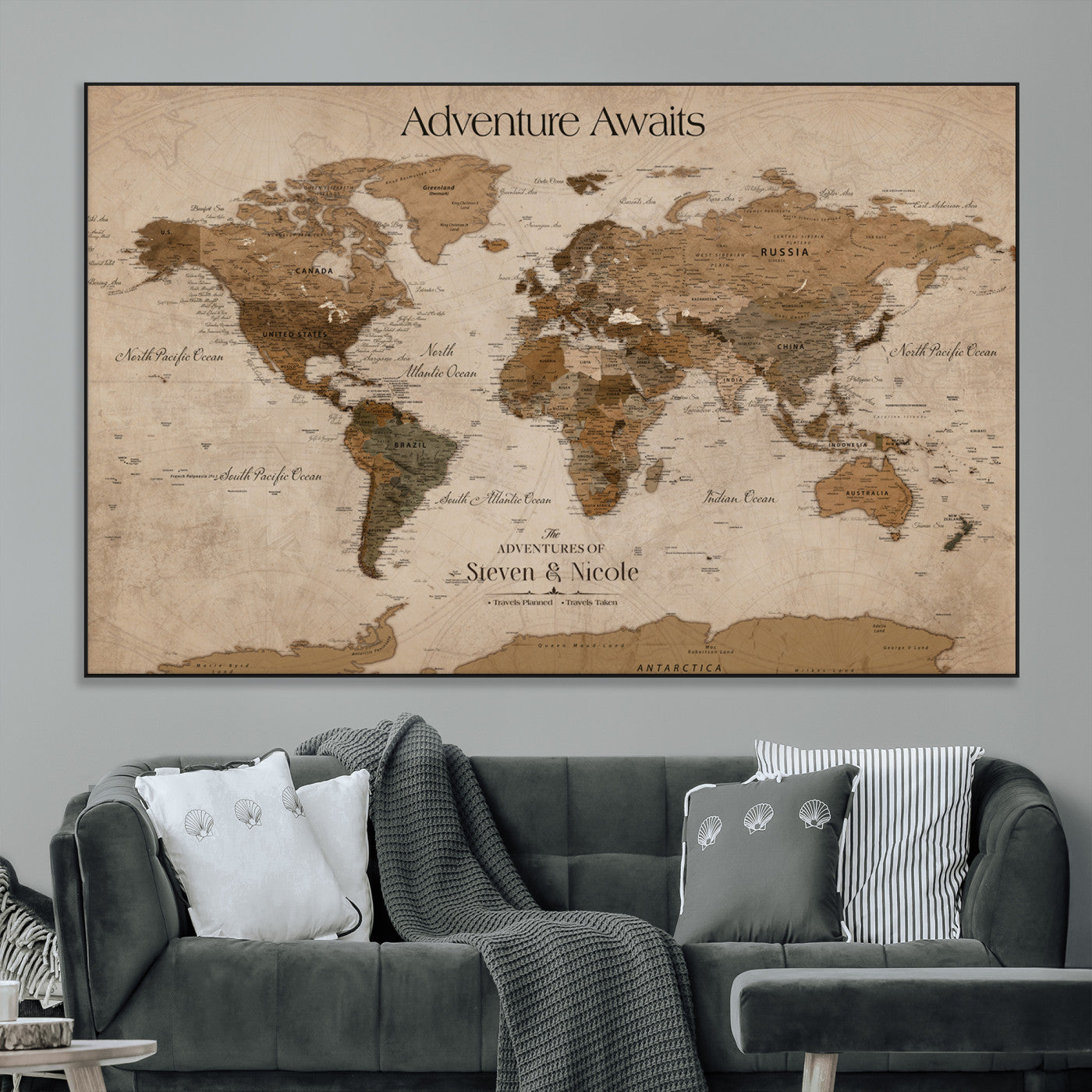 SEG-FC-51X34_Oversize - Custom Push Pin World Map Wall Canvas Print – Personalized Travel Tracker with Pins – Framed Custom Quotie Canvas for Home Office Decor