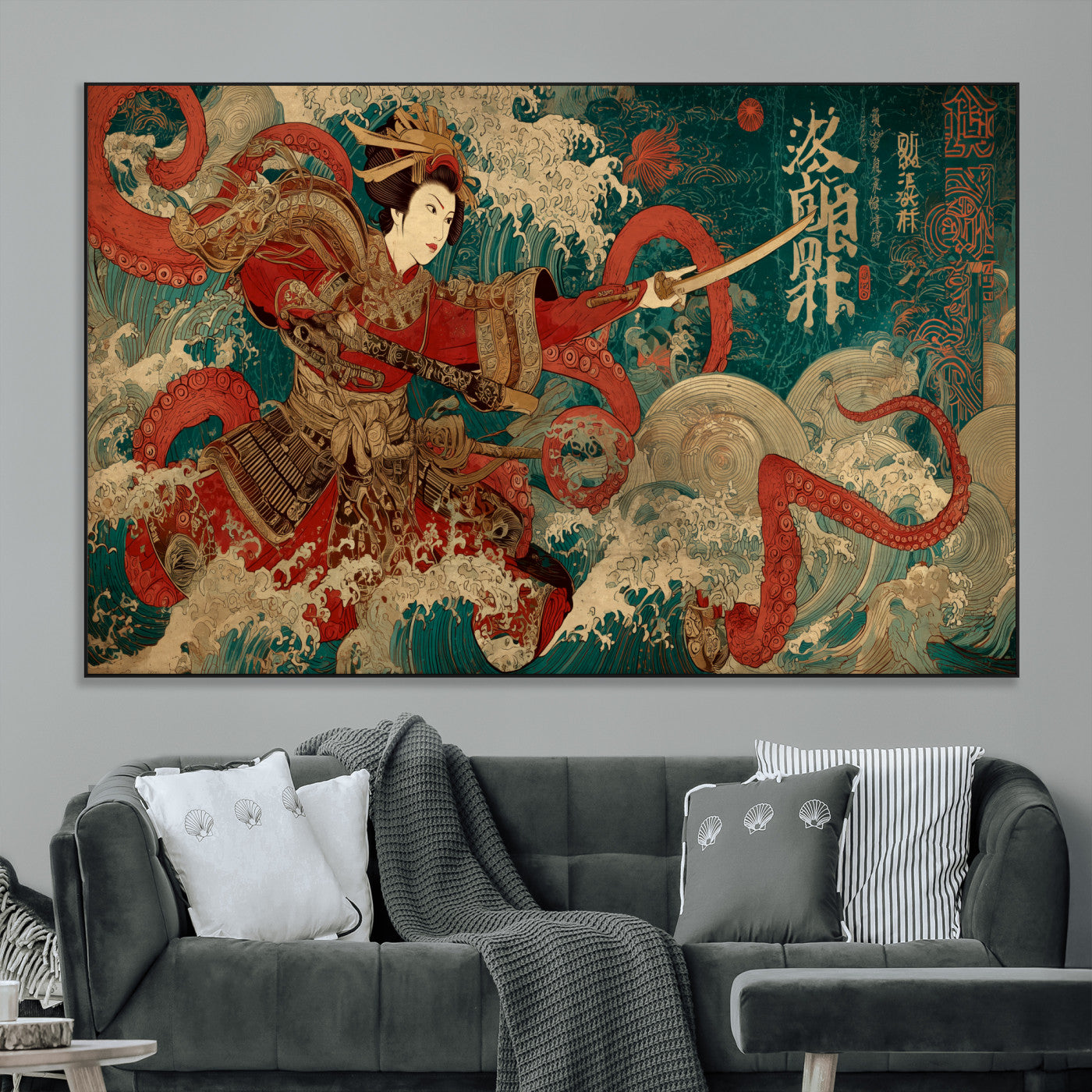SEG-FC-51X34_Oversize - Tsukioka Yoshitoshi Samurai Wall Art Print, Japanese Katana Warrior Canvas Wall Art, Octopus Sea Monster Canvas Print,