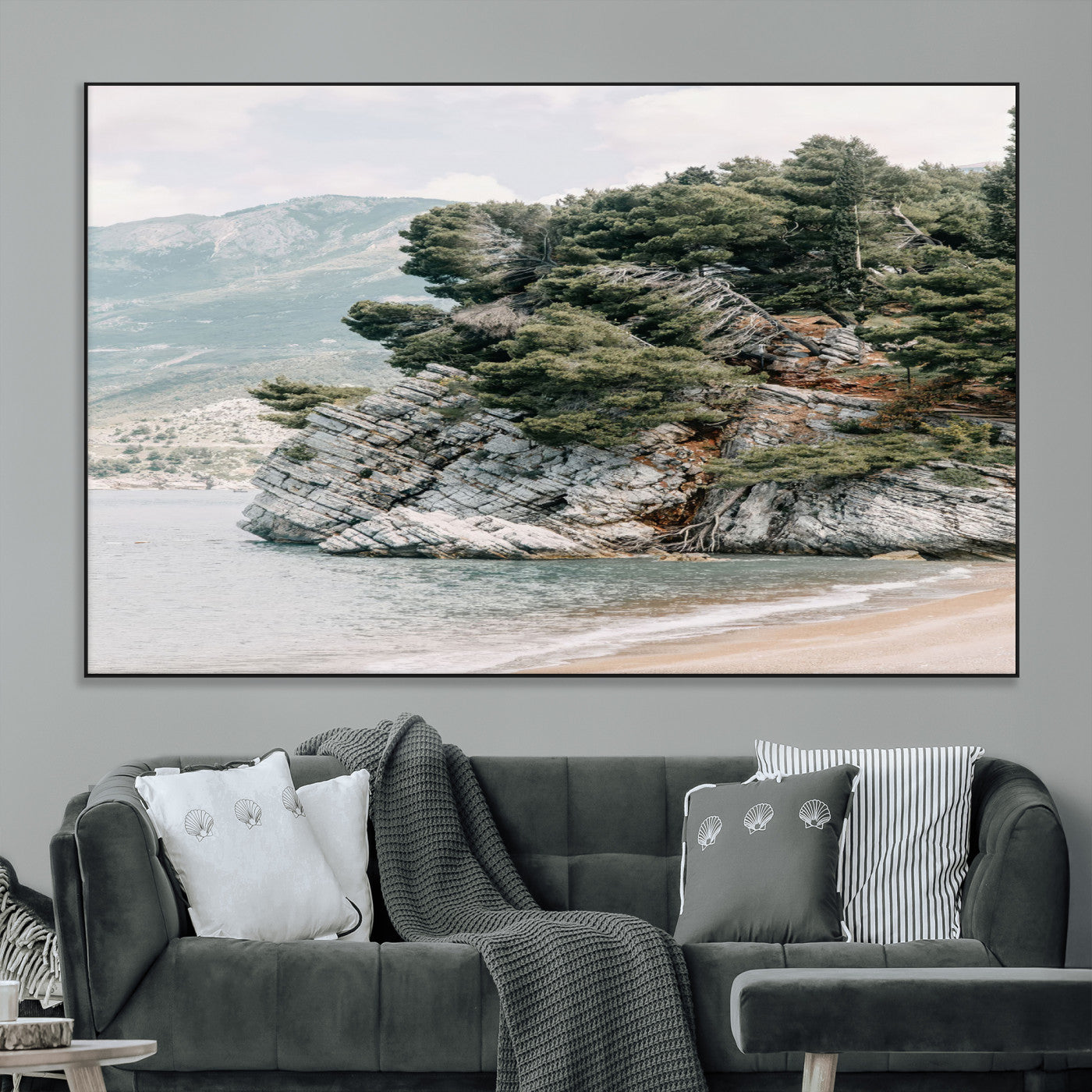 SEG-FC-51X34_Oversize - Coastal Rock Canvas Wall Art Print, Scenic Beach Landscape, Pine Trees on Rocky Cliff, Large Nature