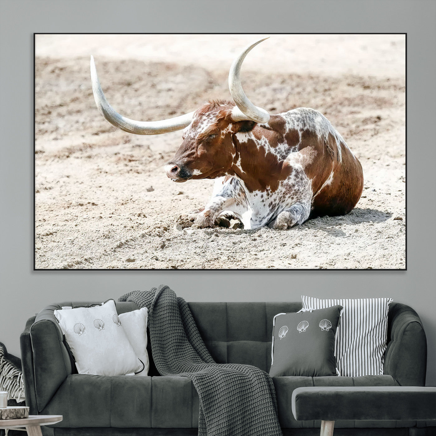 SEG-FC-51X34_Oversize - Majestic Longhorn Resting on Sunlit Desert Ground – Striking Western-Themed Wall Art Canvas Print