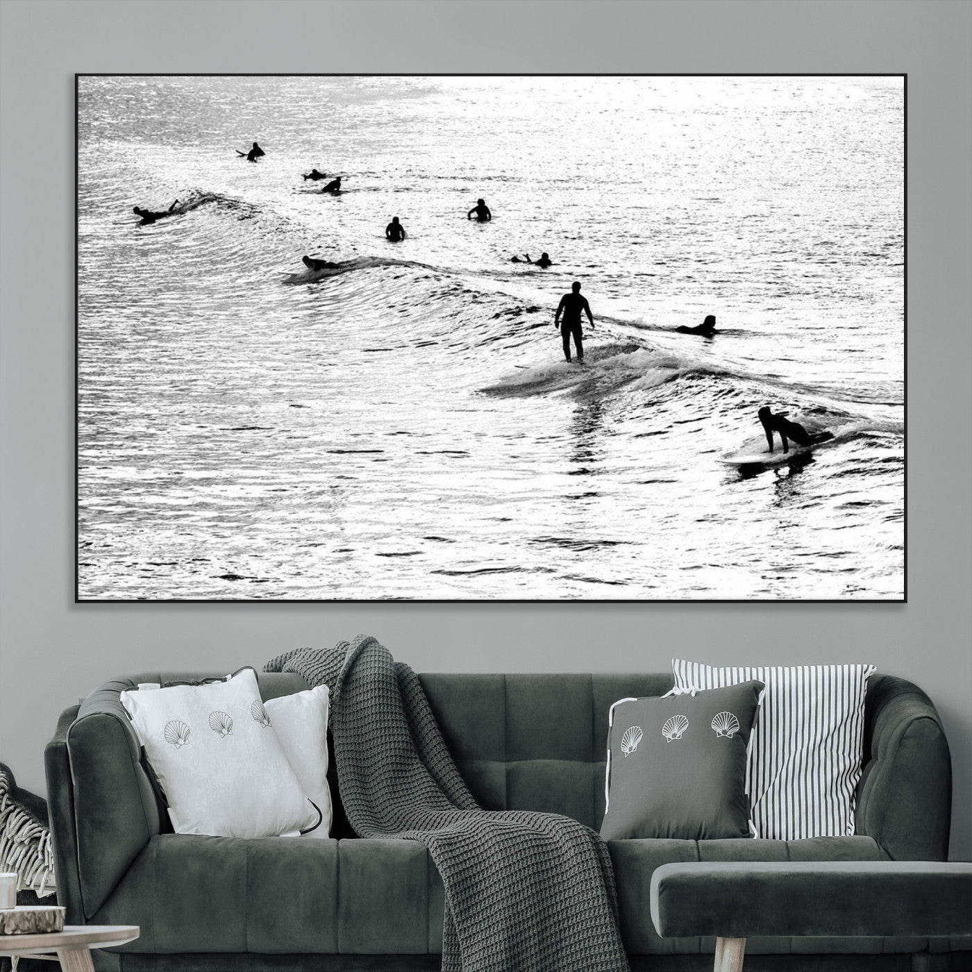 SEG-FC-51X34_Oversize - Black and White Surfers Riding Gentle Ocean Waves – Minimalist Coastal Photography Wall Art Canvas