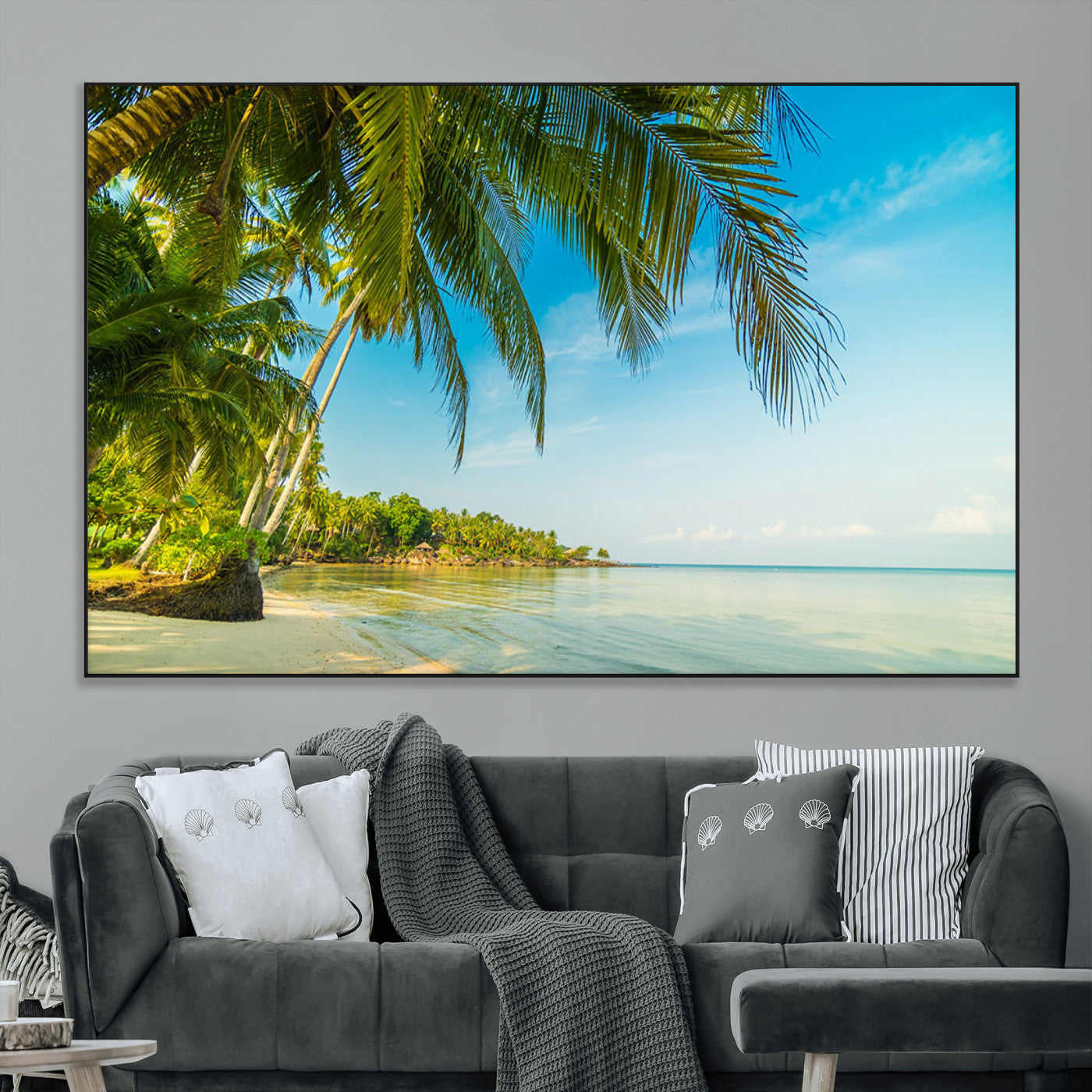 SEG-FC-51X34_Oversize - Peaceful Tropical Beach with Palm Trees and Calm Blue Sea – Serene Coastal Wall Art Canvas Print for