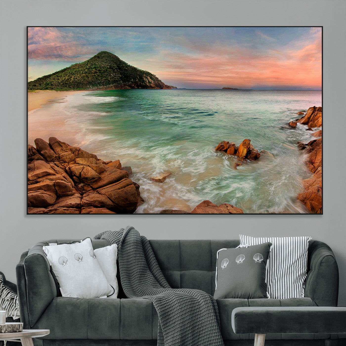 SEG-FC-51X34_Oversize - Stunning Coastal Landscape with Rocky Shore and Green Hills at Sunset – Beautiful Ocean View Wall