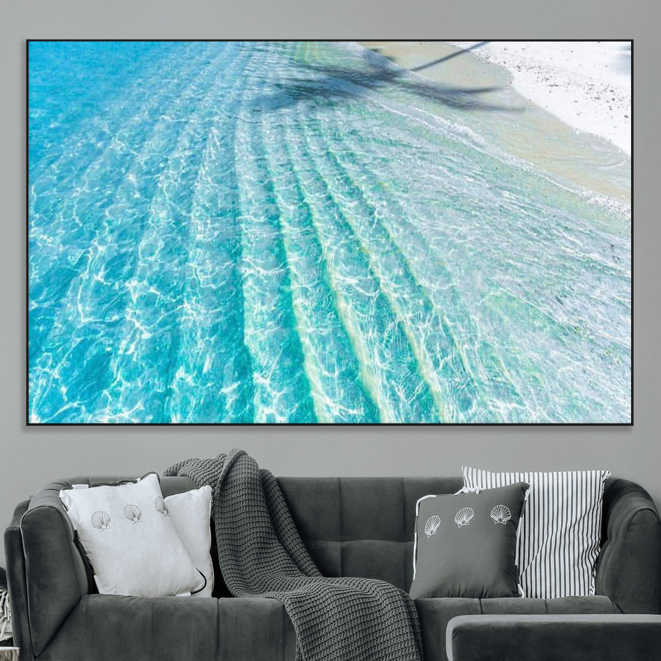 17528159-MGV-CV-36X24-Crystal Clear Ocean Wall Art Canvas Print – Sunlight Reflections and Palm Tree Shadow on Sandy Beach Artwork for Home, Office