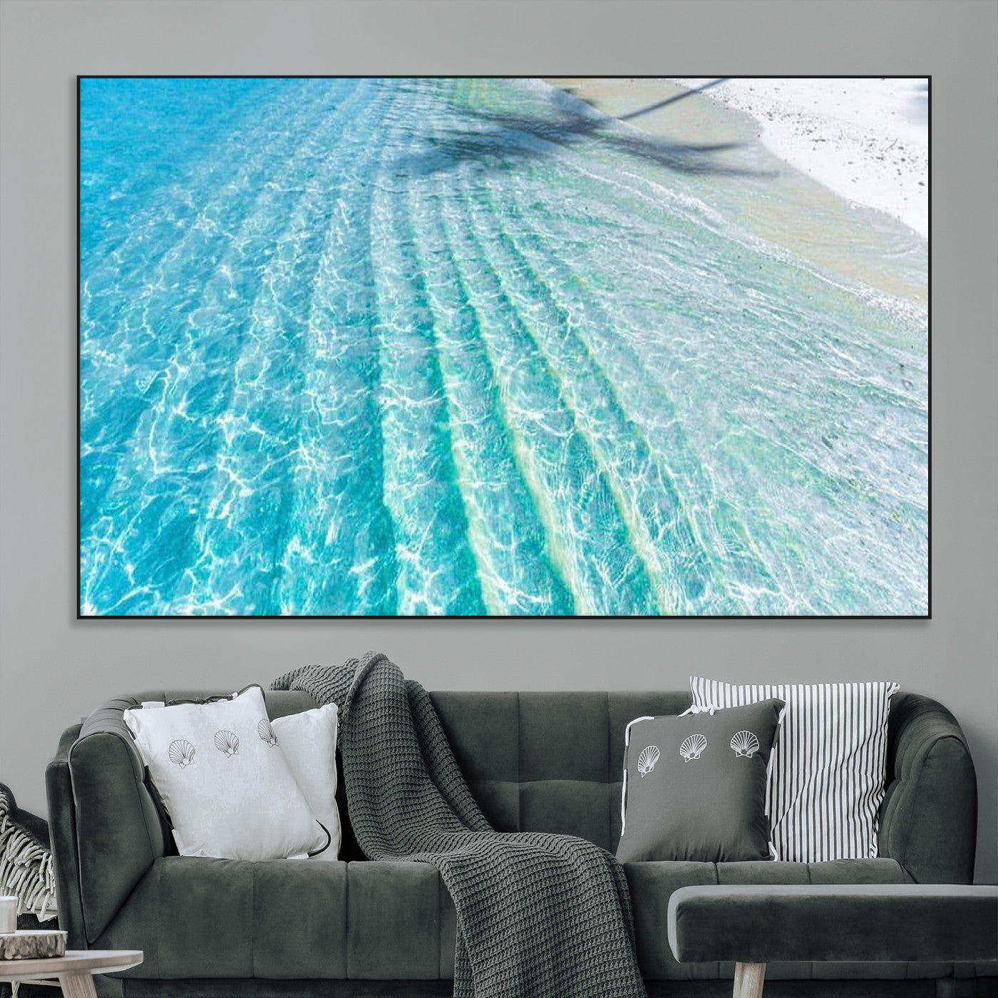 SEG-FC-51X34_Oversize - Crystal Clear Shallow Ocean Water with Sunlight Reflections and Palm Tree Shadow on Sandy Beach –
