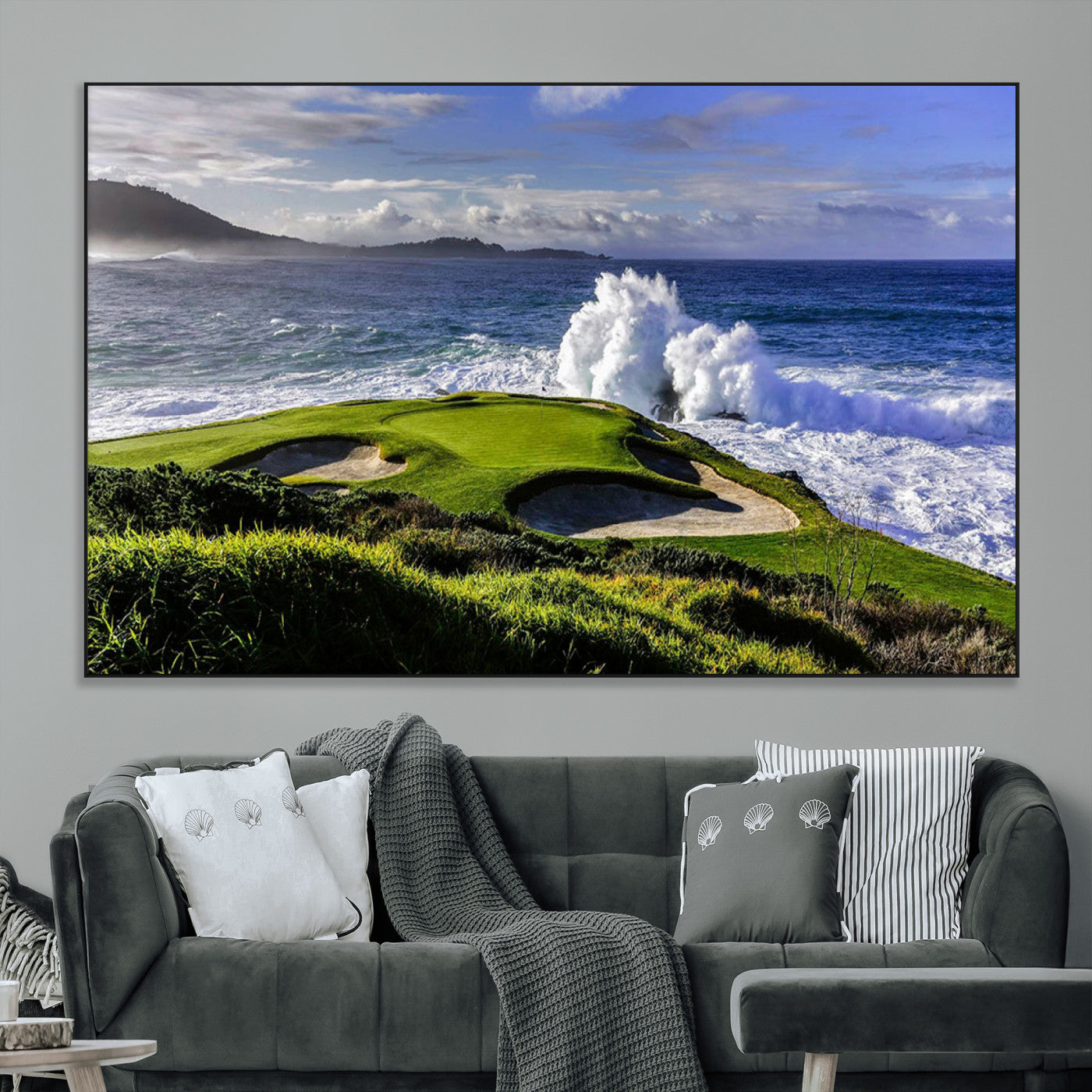 SEG-FC-51X34_Oversize - Dramatic Ocean Waves Crashing Against Rocky Coastline Near a Green Golf Course – Stunning Wall Art