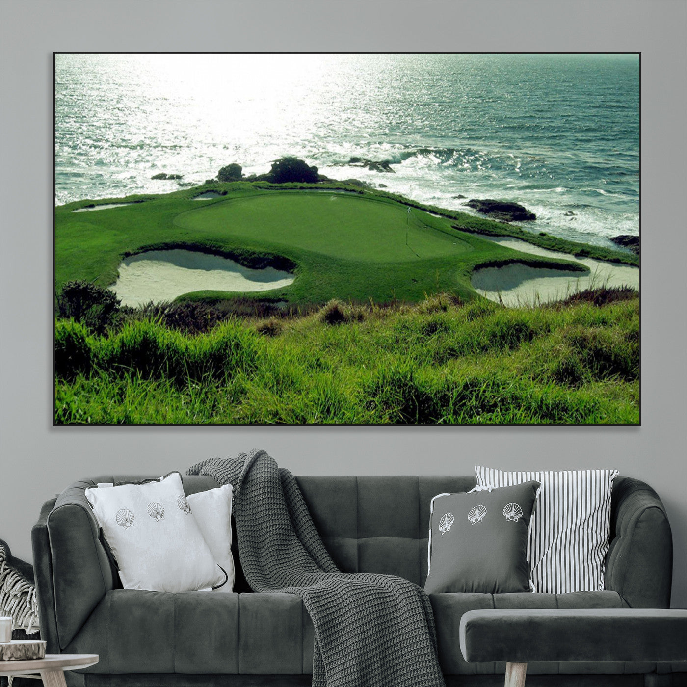SEG-FC-51X34_Oversize - Scenic Coastal Golf Course Green Surrounded by Sand Bunkers and Ocean Waves Shimmering in the Sun –