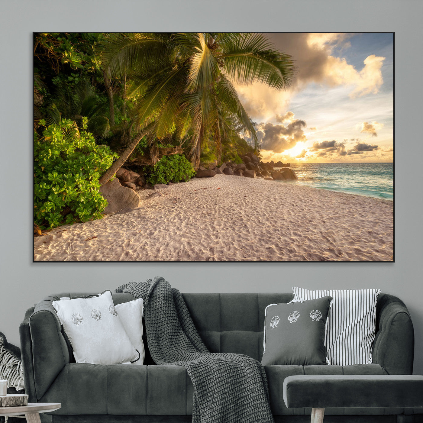 SEG-FC-51X34_Oversize - Tropical beach sunset, palm trees, white sand, ocean waves, golden sky, serene landscape, nature