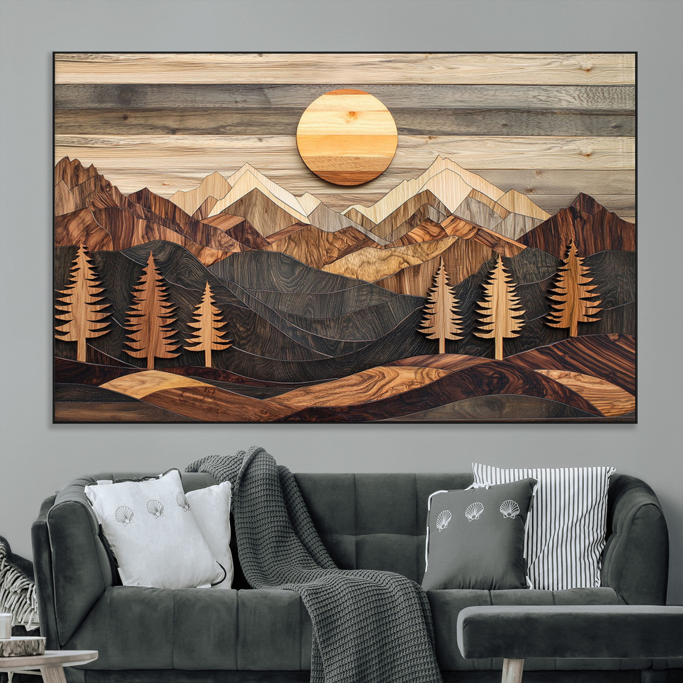 SEG-FC-51X34_Oversize - Wooden mountain landscape layered texture geometric shapes sun pine trees rustic natural tones Wall