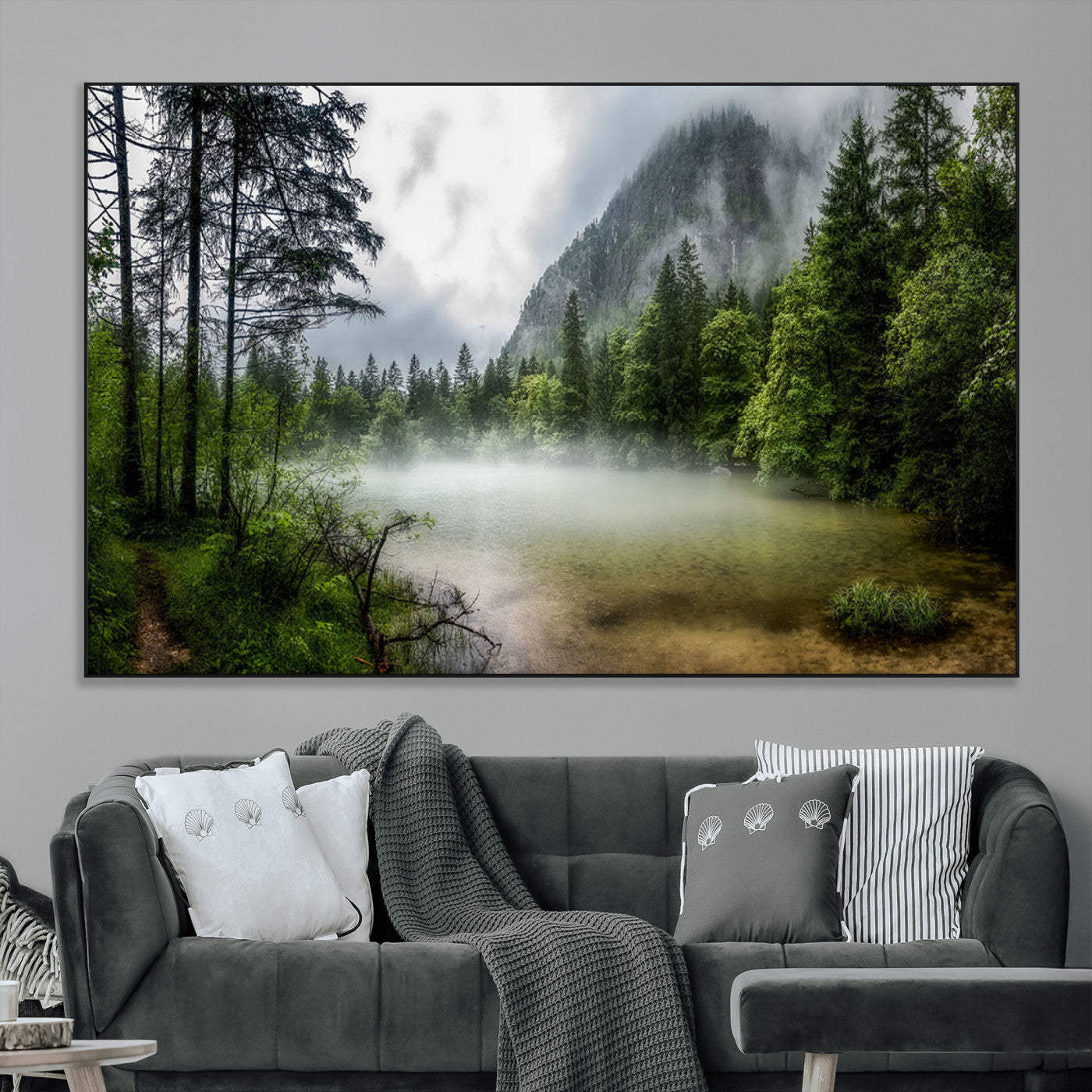 SEG-FC-51X34_Oversize - Misty Lake Forest Green Trees Calm Water Reflection Mountain Fog Nature Landscape Outdoor Scenic