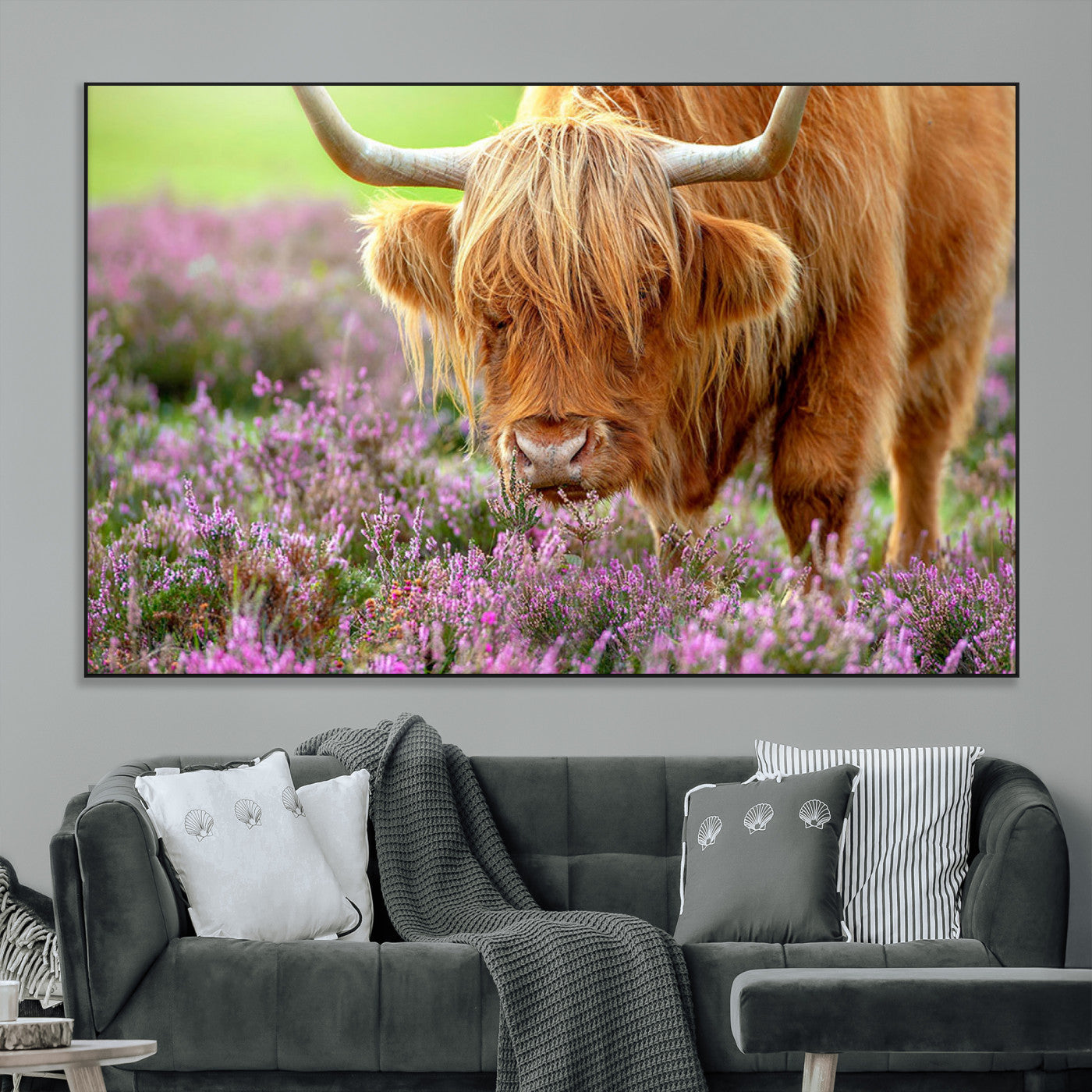 SEG-FC-51X34_Oversize - Highland Cow Purple Flowers Nature Pasture Scenic Wildlife Animal Grazing Meadow Calm Rustic Charm