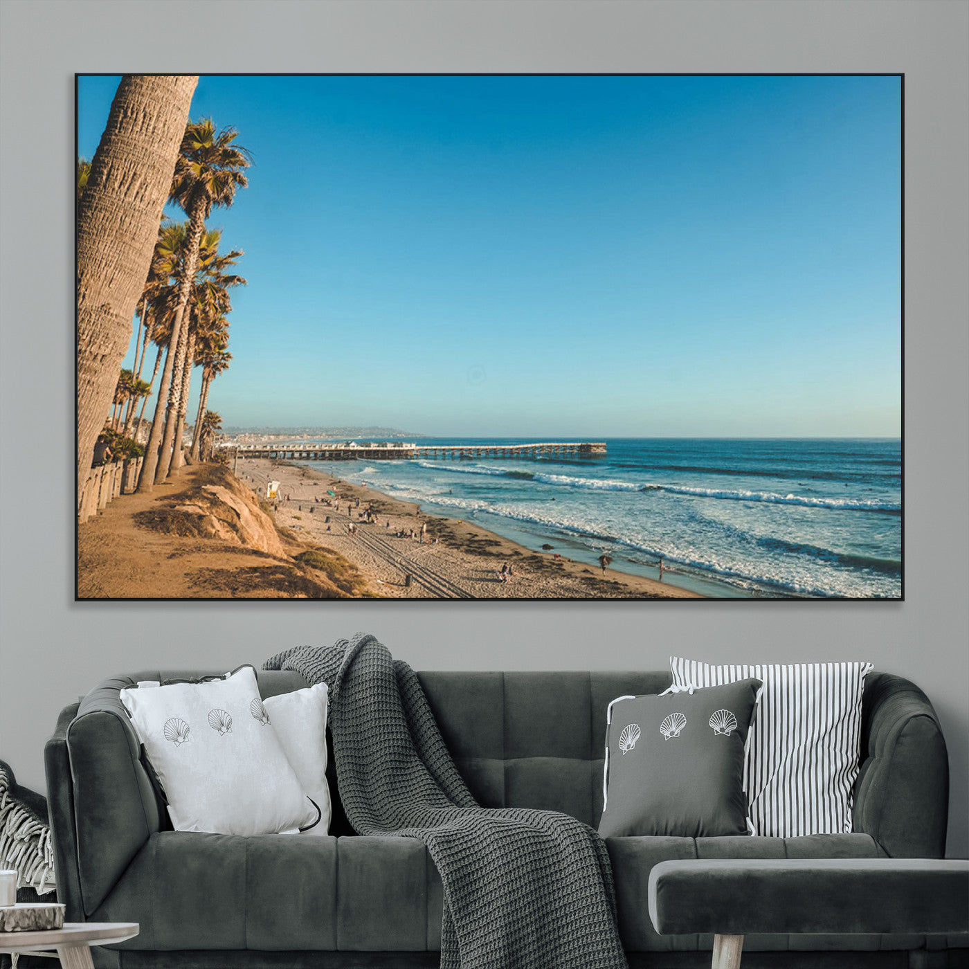 SEG-FC-51X34_Oversize - Scenic Beach with Tall Palm Trees, Sandy Shore, and Long Pier Stretching into the Calm Ocean Under