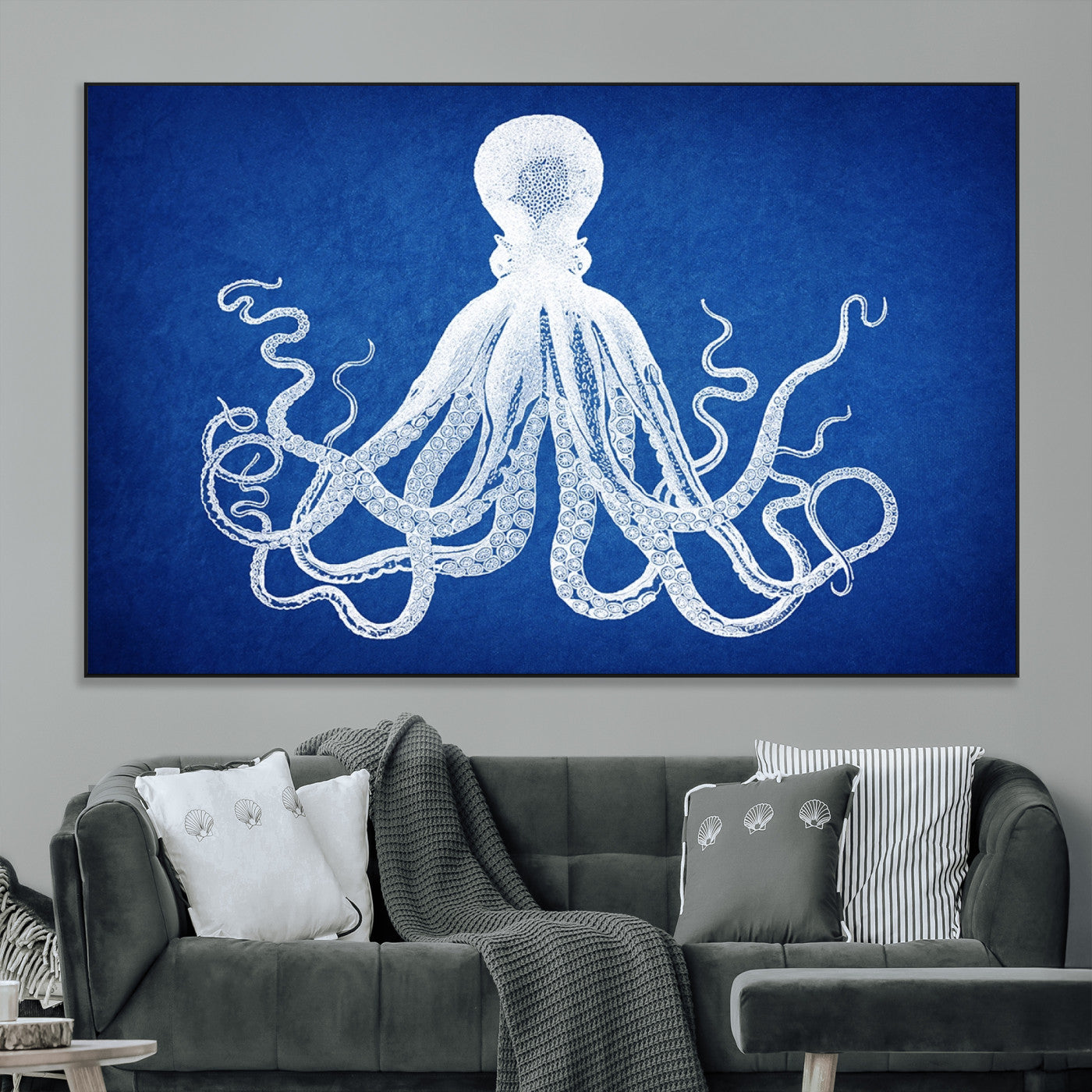 SEG-FC-51X34_Oversize - Large 3-Panel Blue Octopus Canvas Wall Art | Coastal Marine Life Artwork for Living Room, Bedroom,
