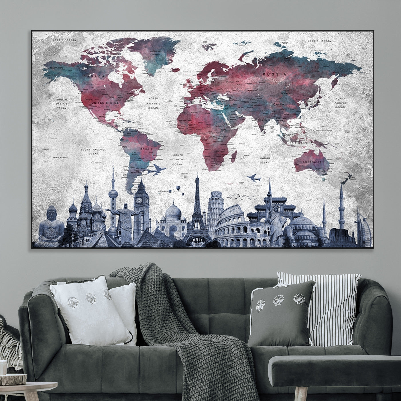 SEG-FC-51X34_Oversize - Push Pin World Map Canvas Print – Framed Wall Art for Couples to Track Their Travels – Anniversary