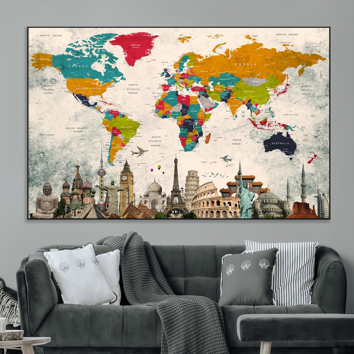 SEG-FC-51X34_Oversize - Push Pin World Map Canvas Print – Framed Wall Art for Couples to Track Their Travels – Anniversary