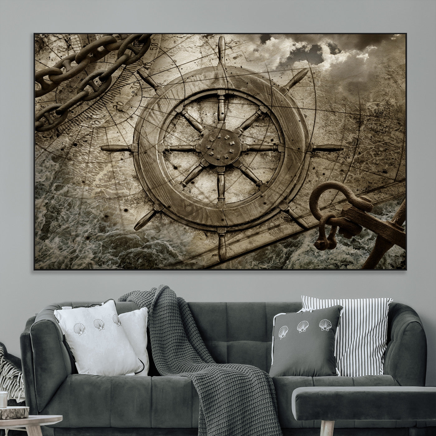 SEG-FC-51X34_Oversize - Wooden Ship Wheel Canvas Print, Multi Panel Canvas Wall Art Print