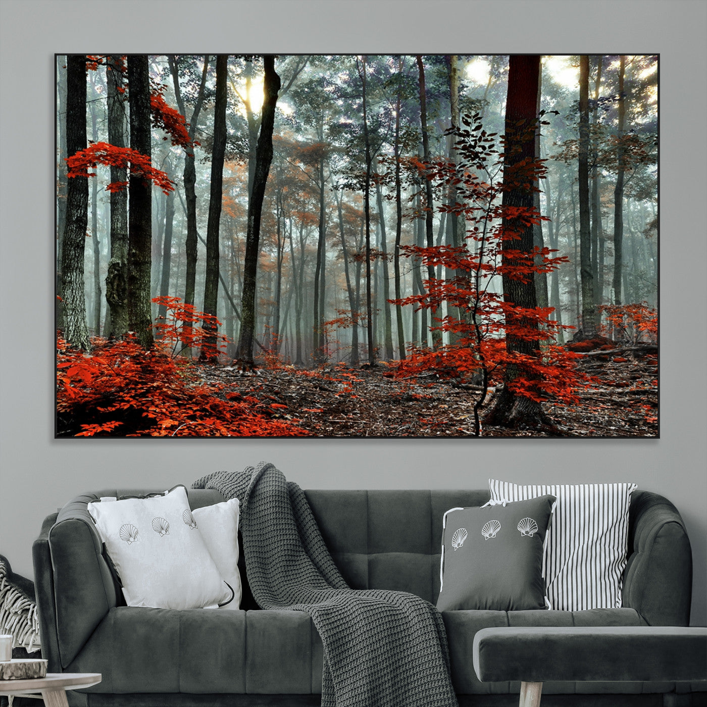 SEG-FC-51X34_Oversize - Autumn Forest Canvas Wall Art – Enchanting Red Leaves Triptych Print – Nature-Inspired Decor for