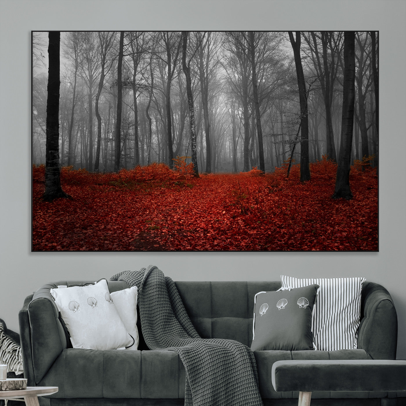 -Red Forest Floor Canvas Wall Art – Mystical Foggy Woodland Triptych – Nature-Inspired Decor for
