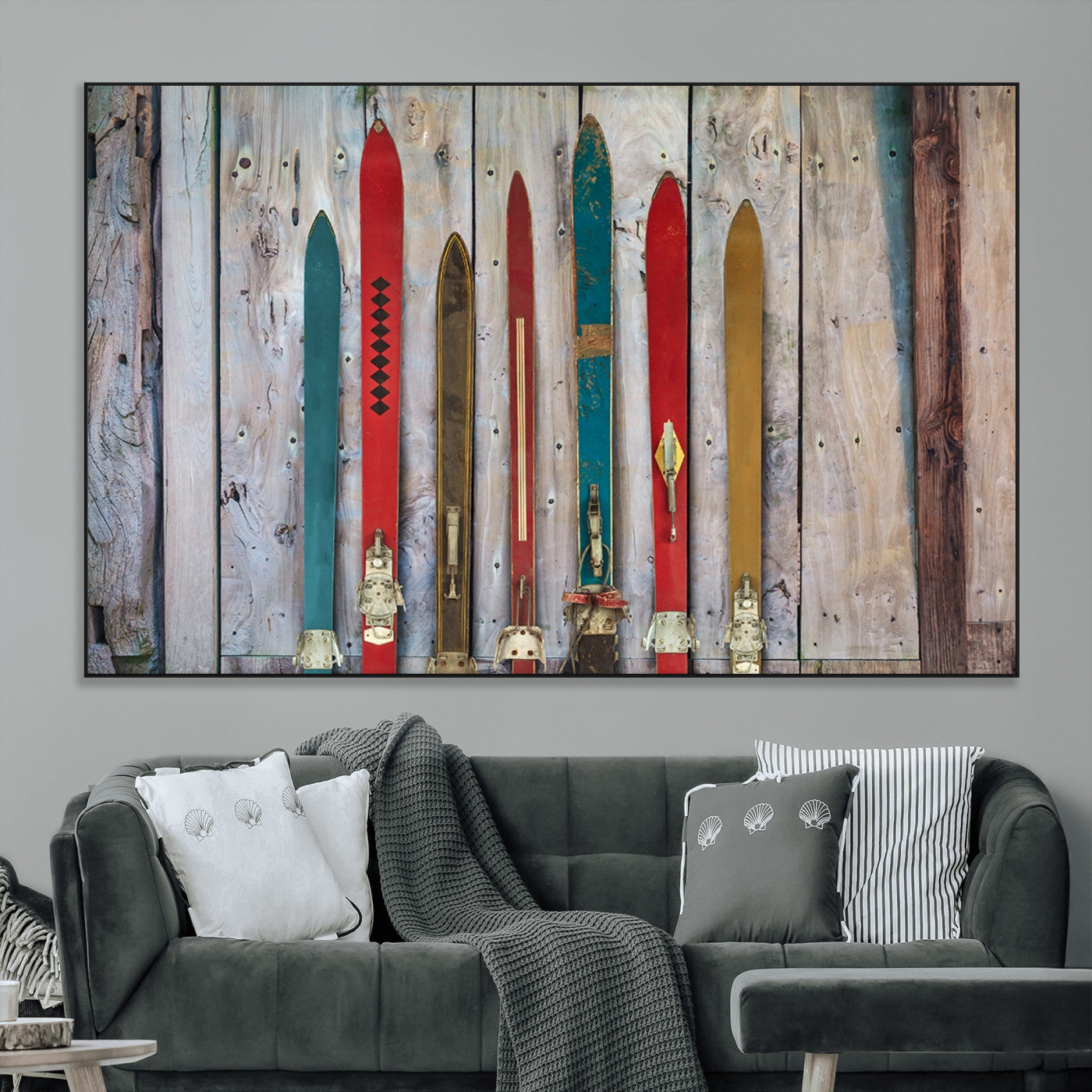 SEG-FC-51X34_Oversize - Vintage Wooden Weathered Ski's in Front of an Old Barn Wall Art Canvas Print for Farmhouse, Cabin