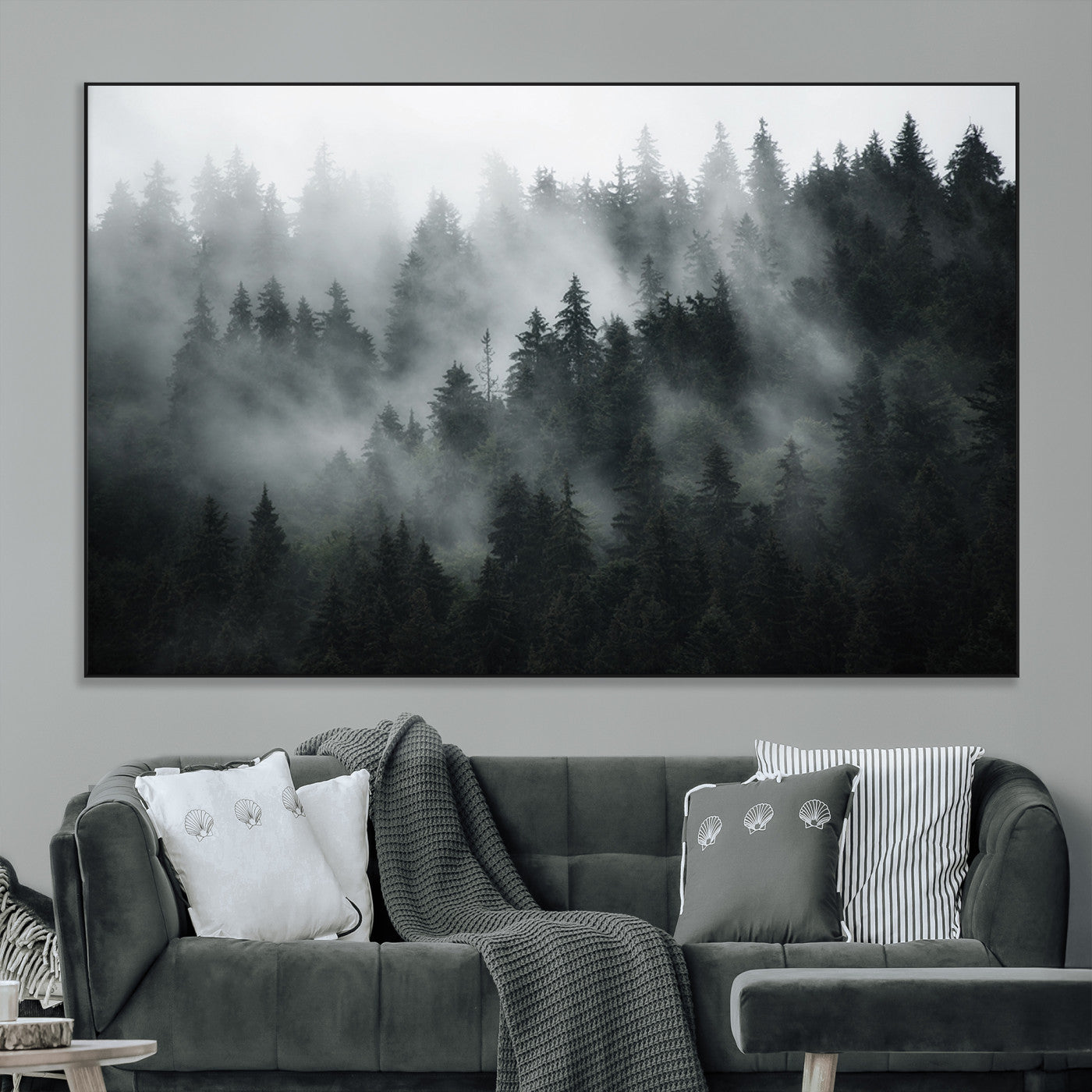 SEG-FC-51X34_Oversize - Foggy Forest Wall Art Canvas Print | 3 Panel Large Misty Landscape for Dining Room, Office, or