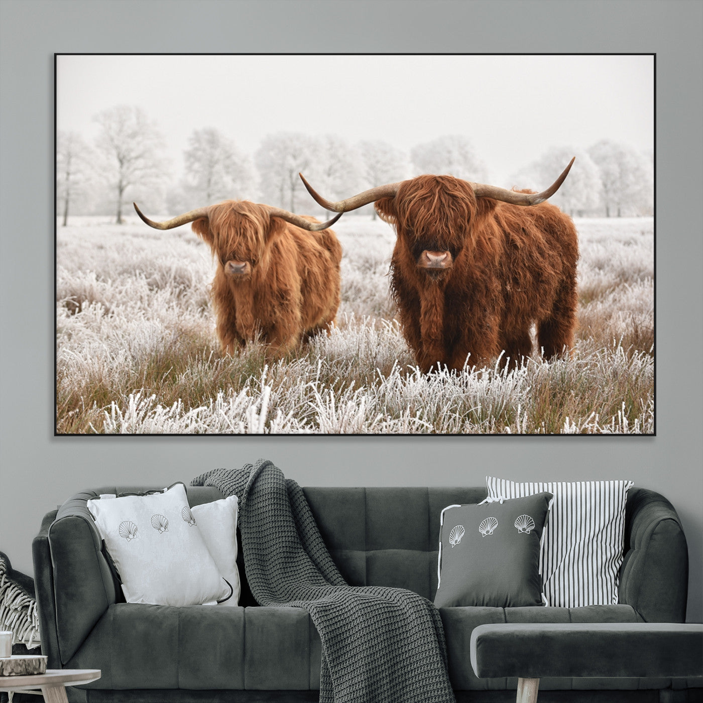 SEG-FC-51X34_Oversize - Longhorn Cattle Wall Art Canvas Print, Framed Farmhouse Style Art Picture Print, Rustic Cow Perfect Rustic Farmhouse Decor Artwork