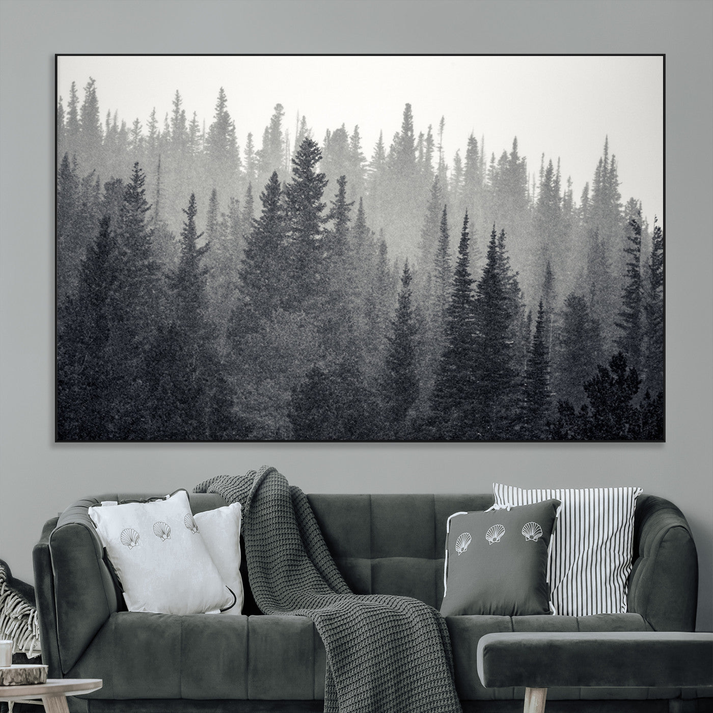 SEG-FC-51X34_Oversize - Misty Forest Canvas Wall Art – Monochrome Triptych Pine Tree Print – Nature-Inspired Home Decor –
