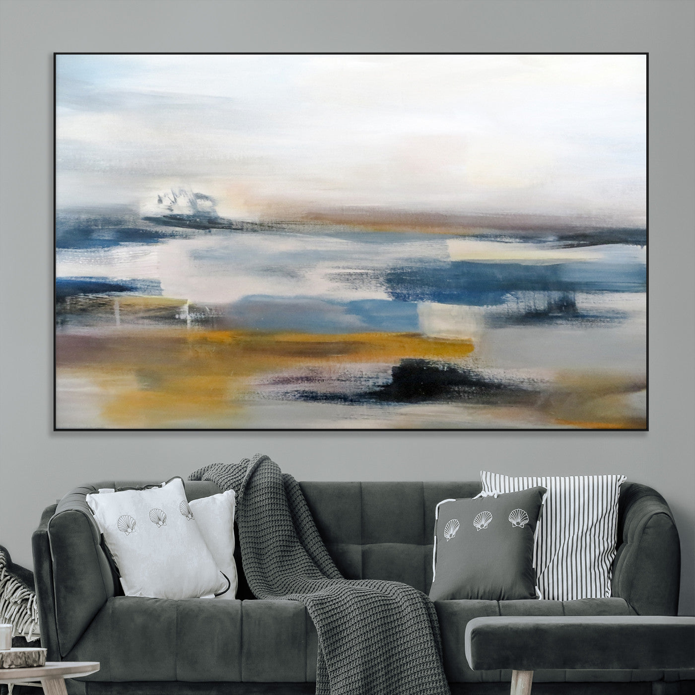 SEG-FC-51X34_Oversize - Abstract Landscape Wall Art Canvas | 3 Panel Modern Blue, Gold, and White Canvas Art for Living