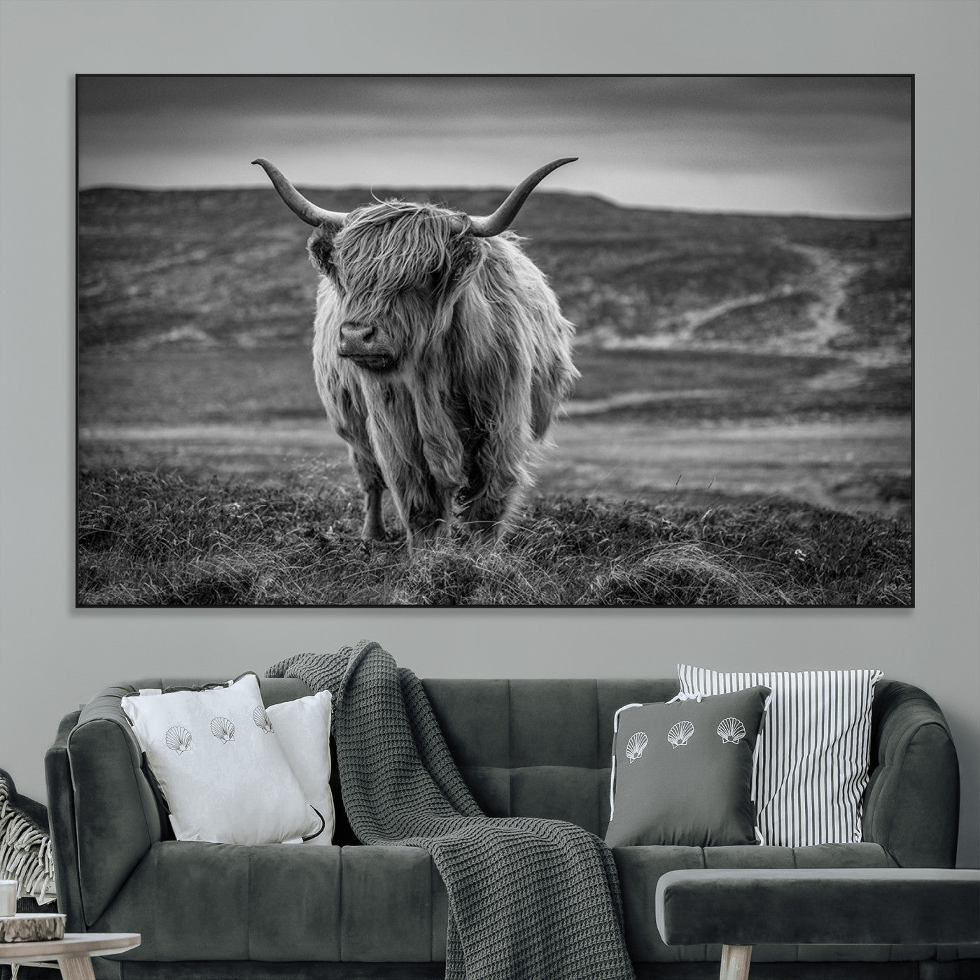 SEG-FC-51X34_Oversize - Fluffy Cattle Wall Art Print, Highland Cow Canvas, Framed Black and white Wall Art
