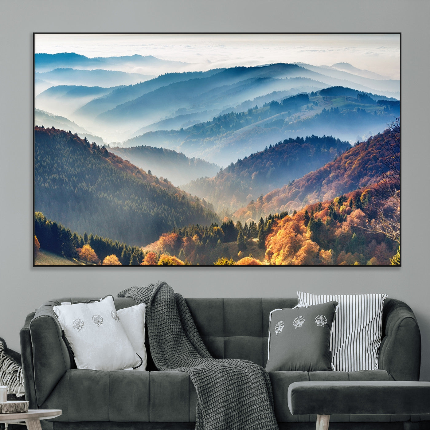 SEG-FC-51X34_Oversize - Misty Mountain Sunrise Triptych Canvas Print – Autumn Landscape Wall Art – Scenic Nature Decor –