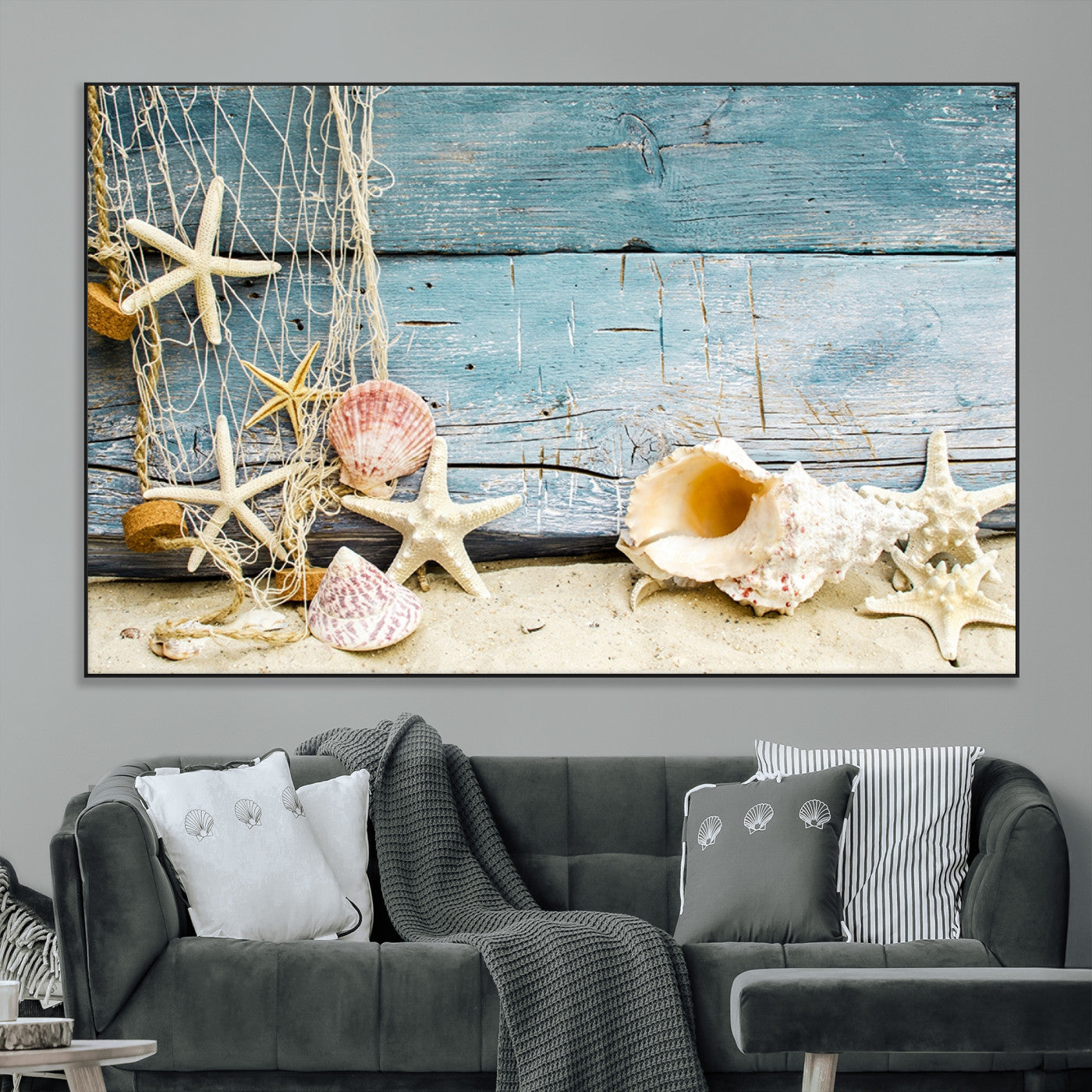 SEG-FC-51X34_Oversize - Seashells on Rustic Wooden Background, Seashells Wall Art Canvas Print