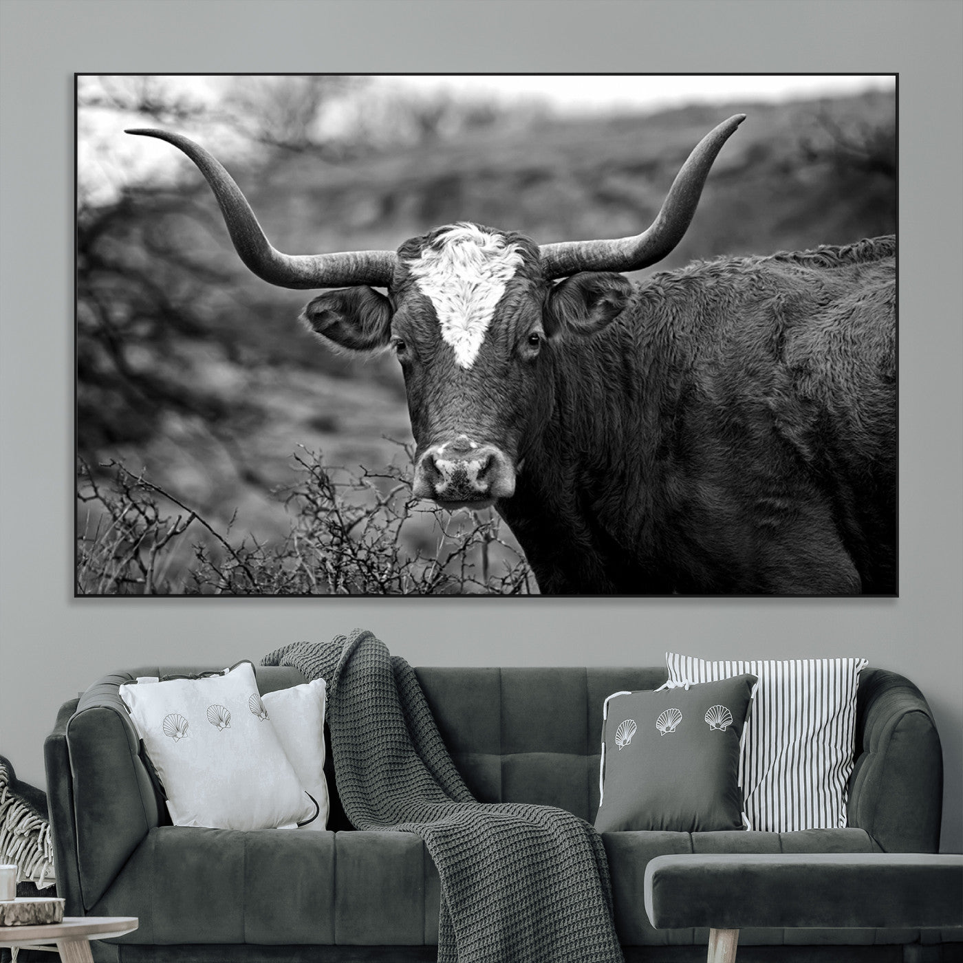 SEG-FC-51X34_Oversize - Western Home Wall Art Canvas Print, Framed Texas Longhorn Art Picture Print, Rustic Cow Perfect Rustic Farmhouse Decor Artwork