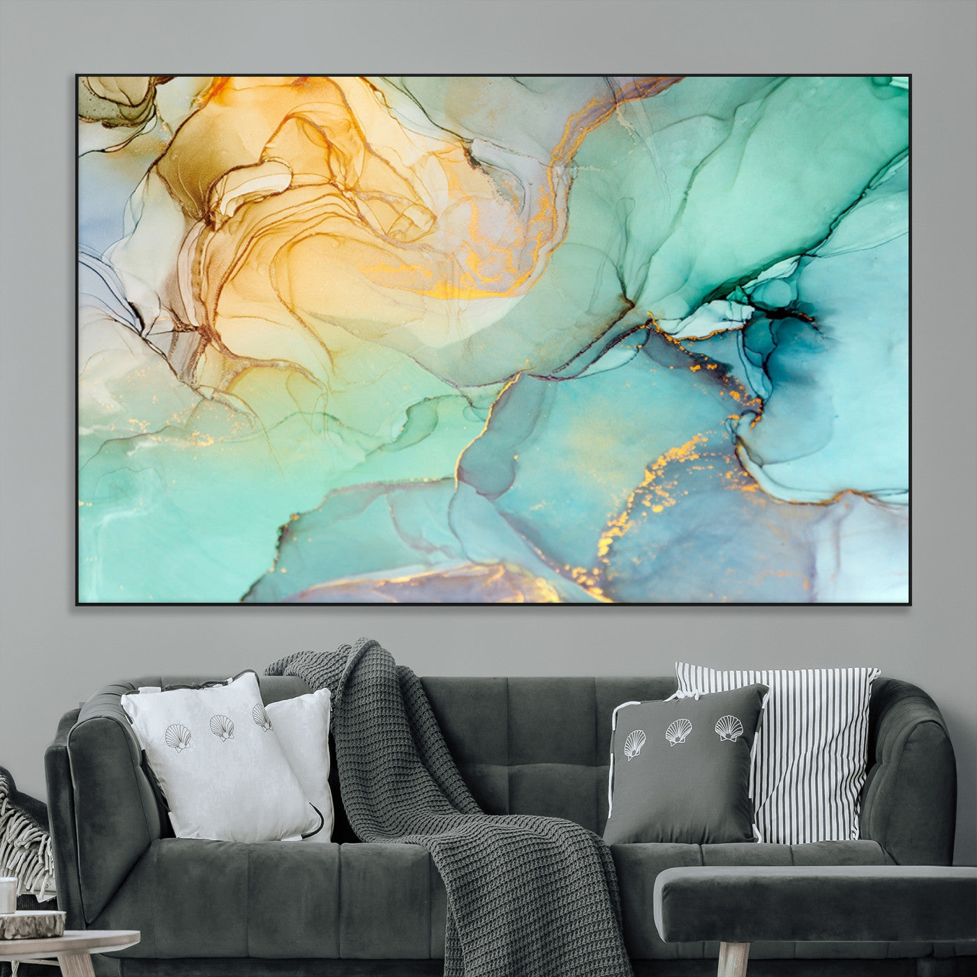 SEG-FC-51X34_Oversize - Abstract Aqua and Gold Fluid Wall Art Canvas | 3 Panel Large Canvas Print for Living Room, Office,