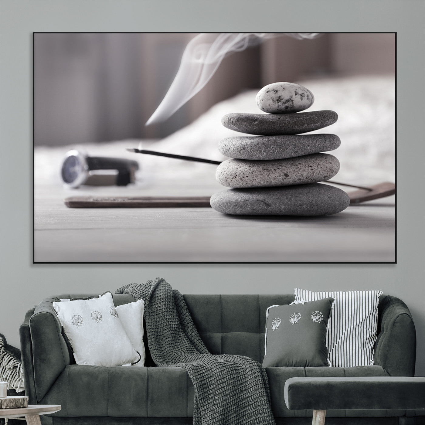 SEG-FC-51X34_Oversize - Burning Incense and Zen Stones Buddhism Wall Art, Zen Stones Wall Art Canvas Print