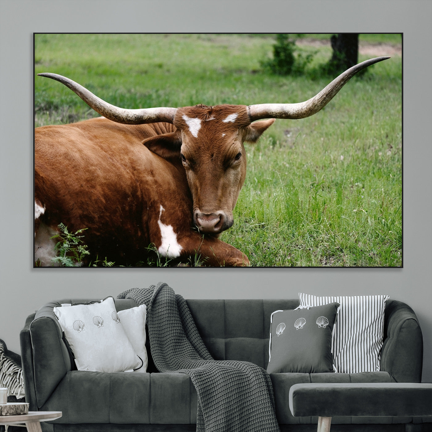 SEG-FC-51X34_Oversize - Longhorn Steer Canvas Wall Art – Rustic Nature Triptych Decor for Living Room or Office – Ready to