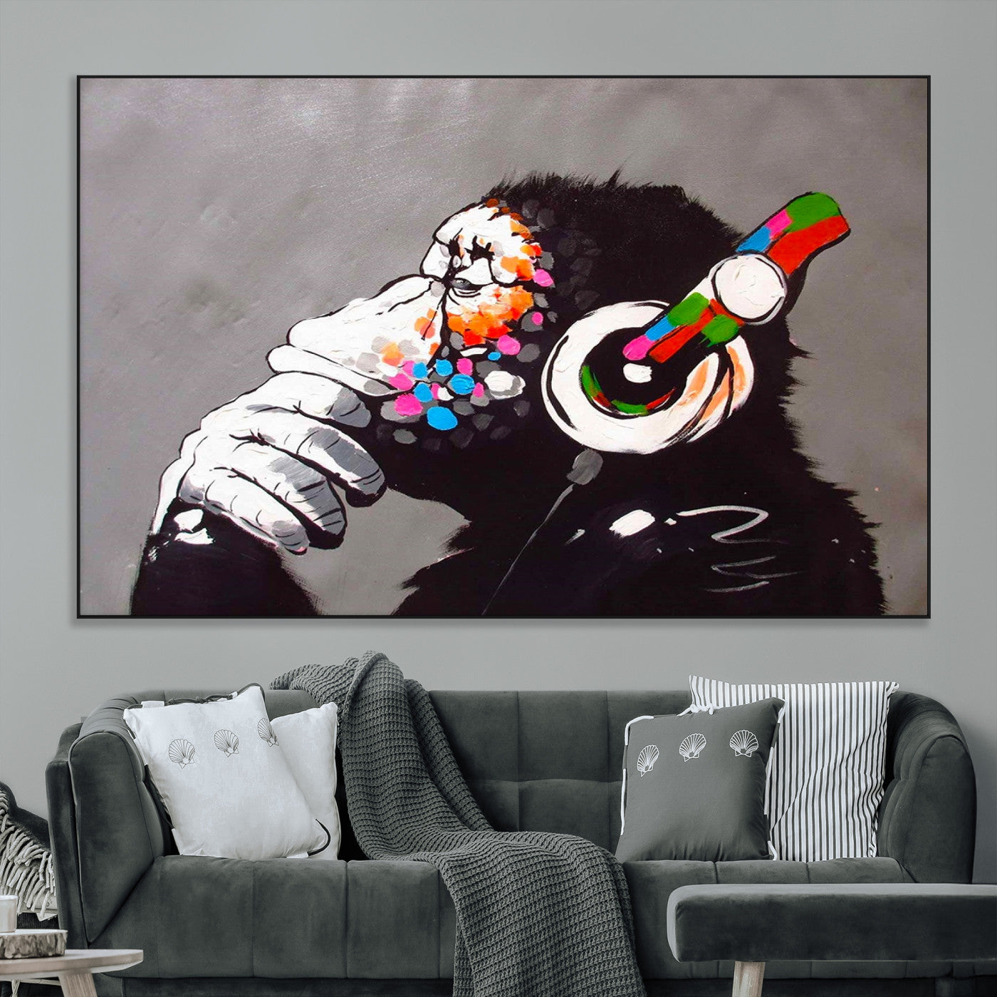 SEG-FC-51X34_Oversize - Dj Monkey Listening to Music Wall Art Print | Banksy Monkey Large Canvas Print for Living Room,